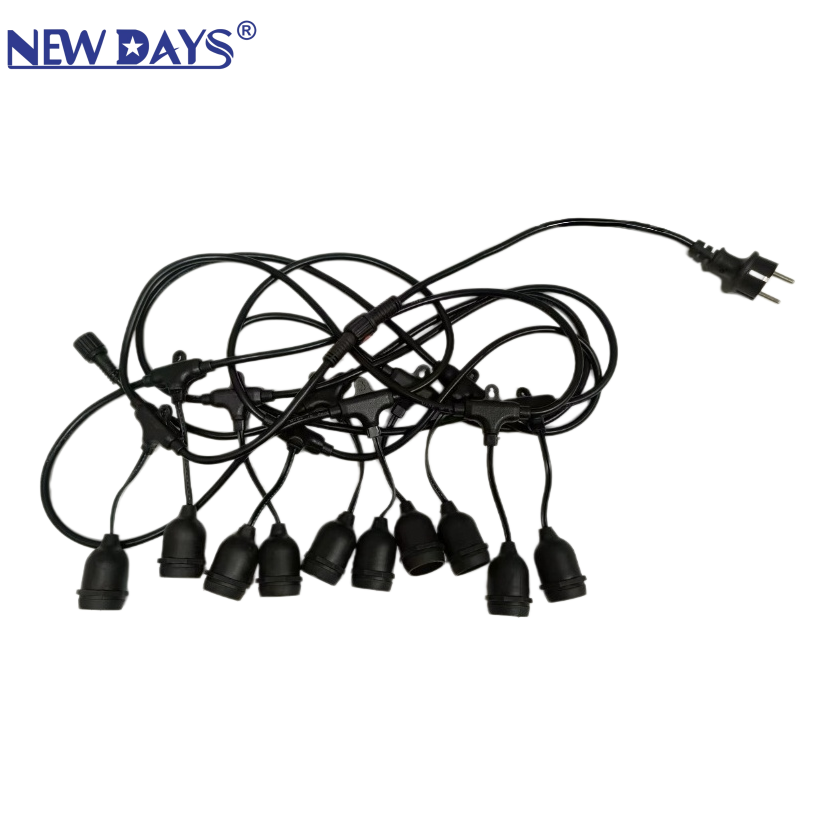 NEWDAYS brand's cross-border new 10-meter hanging light strip with 10 heads, featuring plugs and male and female connectors, E27 lamp head outdoor camping waterproof chandelier led string Specification image
