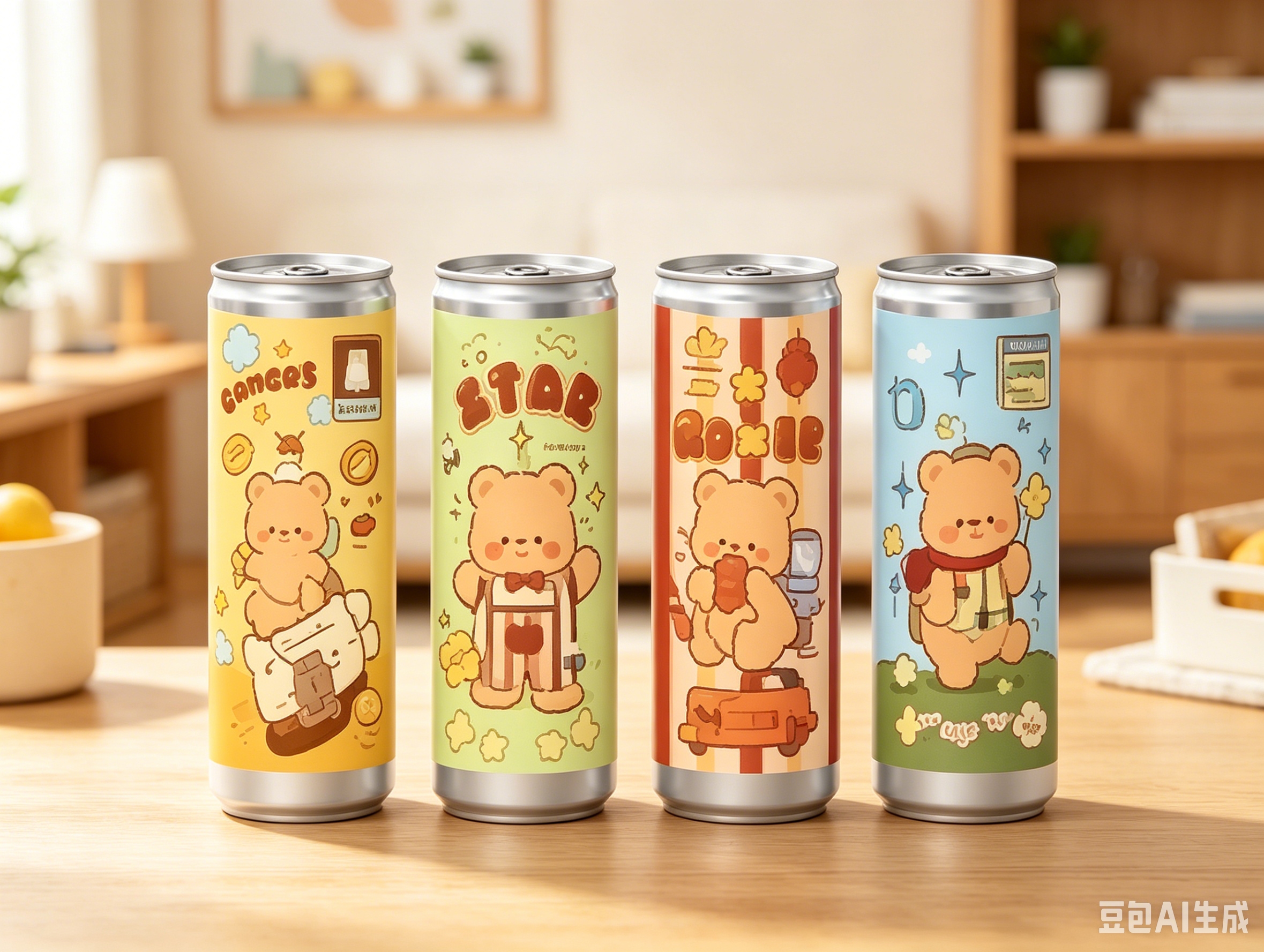 Small blanket, overalls, chocolate bar, red scarf, little bear, cola can, wet wipes