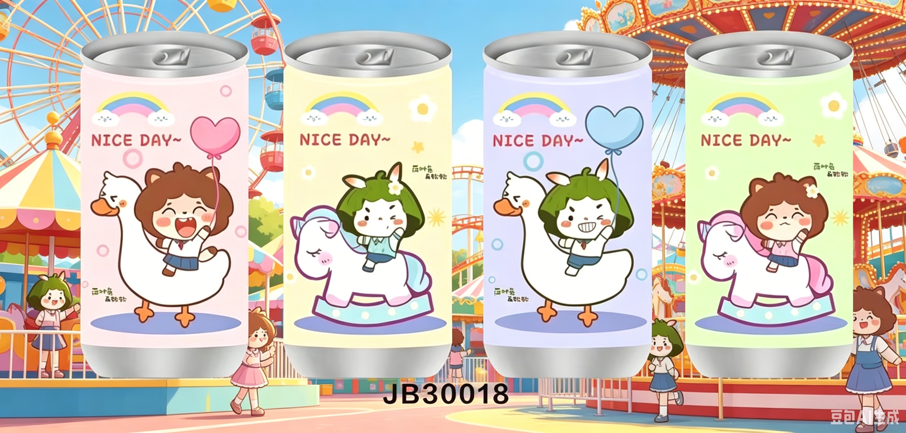 棕发女孩绿发女孩骑大鹅骑摇摇马可乐罐湿纸巾