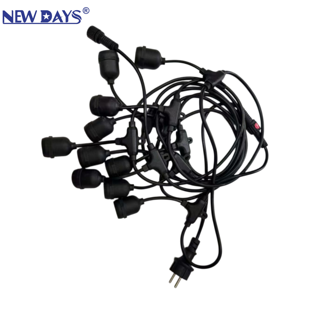 NEWDAYS brand's cross-border new 10-meter hanging light strip with 10 heads, featuring plugs and male and female connectors, E27 lamp head outdoor camping waterproof chandelier led string Item Picture