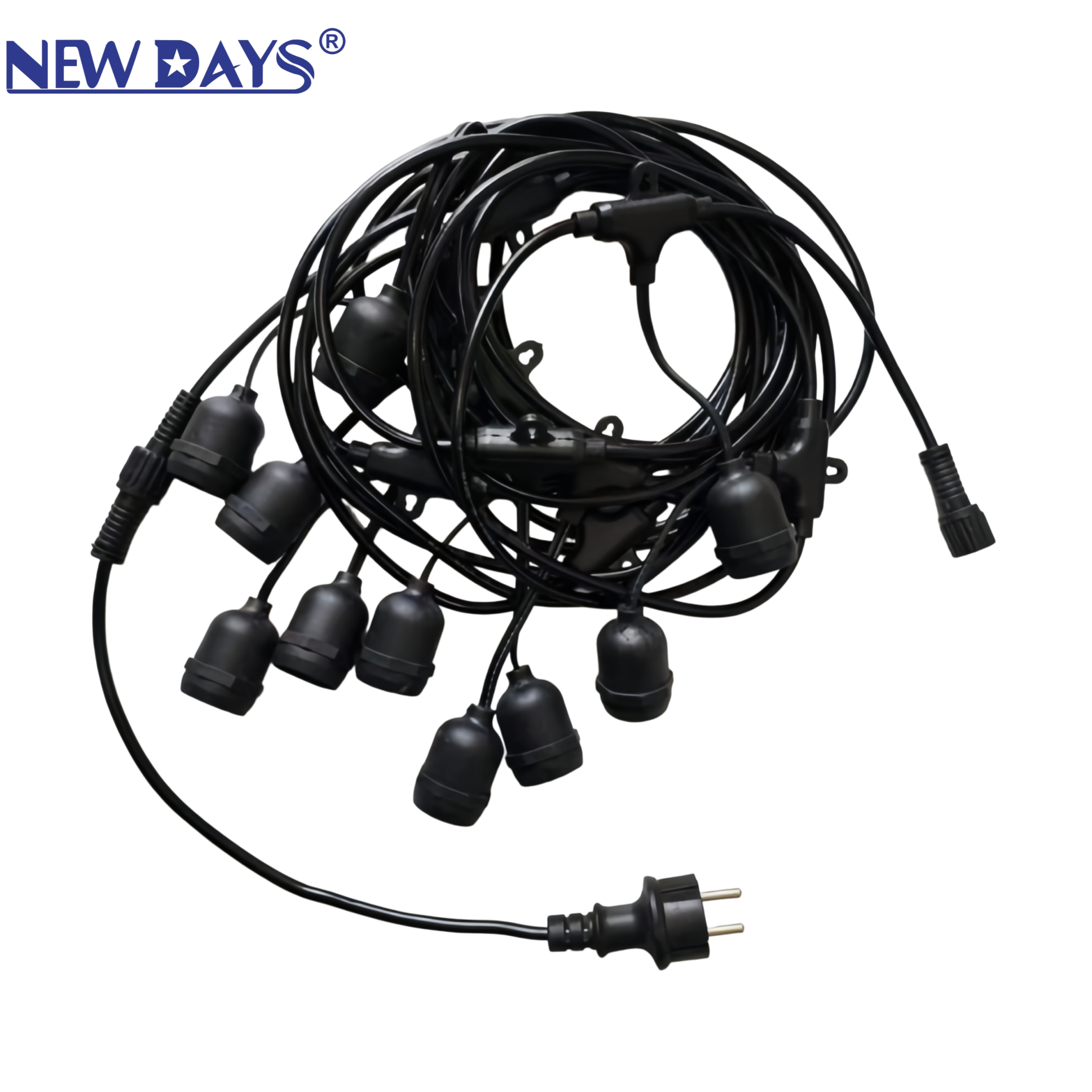 NEWDAYS brand's cross-border new 10-meter hanging light strip with 10 heads, featuring plugs and male and female connectors, E27 lamp head outdoor camping waterproof chandelier led string
