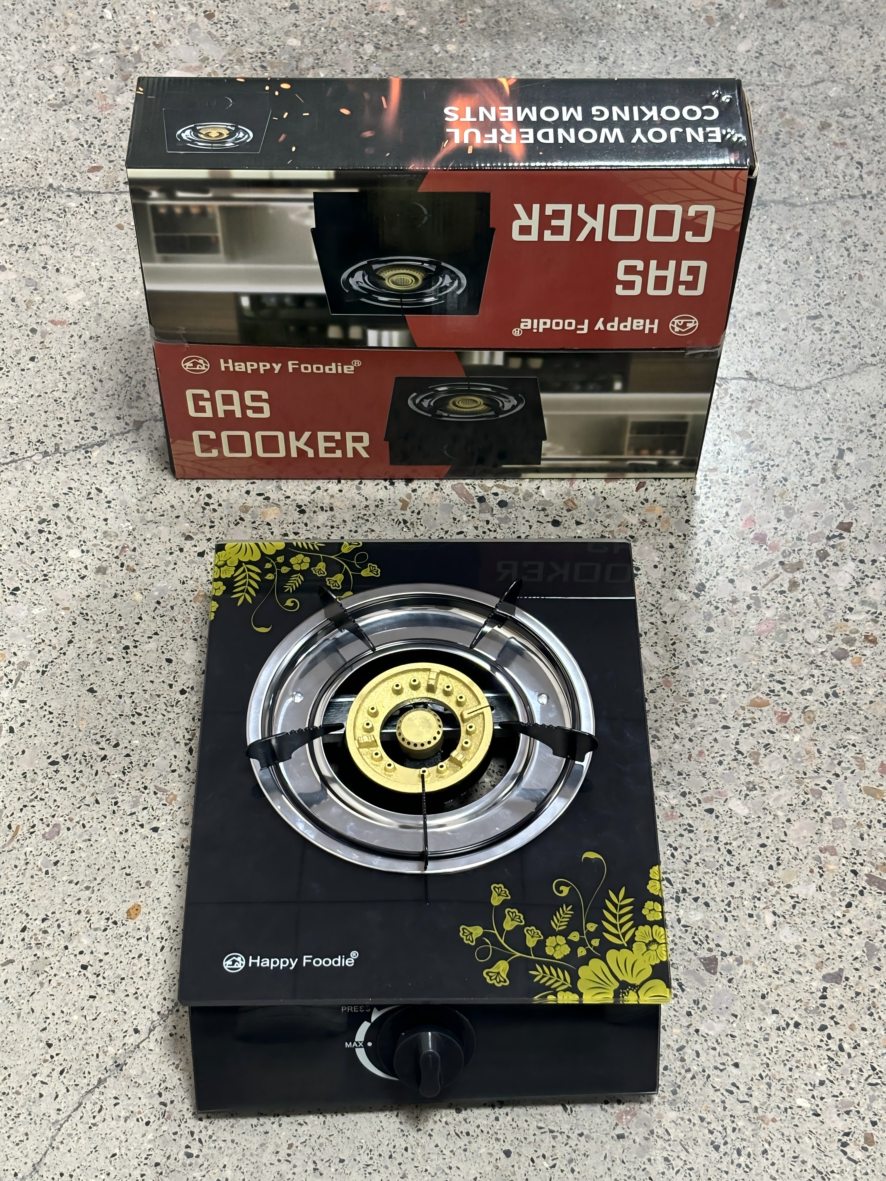 (especialmente para la exportación y no para la venta nacional) Happy Foodie HF-61B vidrio cerrado boutique patrón amarillo hogar monococina tipo fuente de gas fábrica cocina de gas