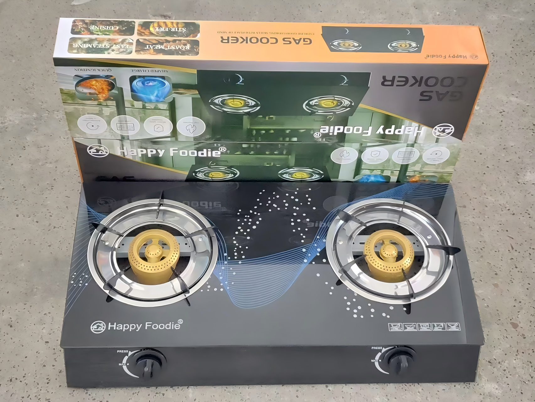 (especialmente para la exportación y no para la venta nacional) Happy Foodie HF-62D vidrio cerrado boutique hogar doble cocina tipo fuente de gas cocina de gas de fábrica