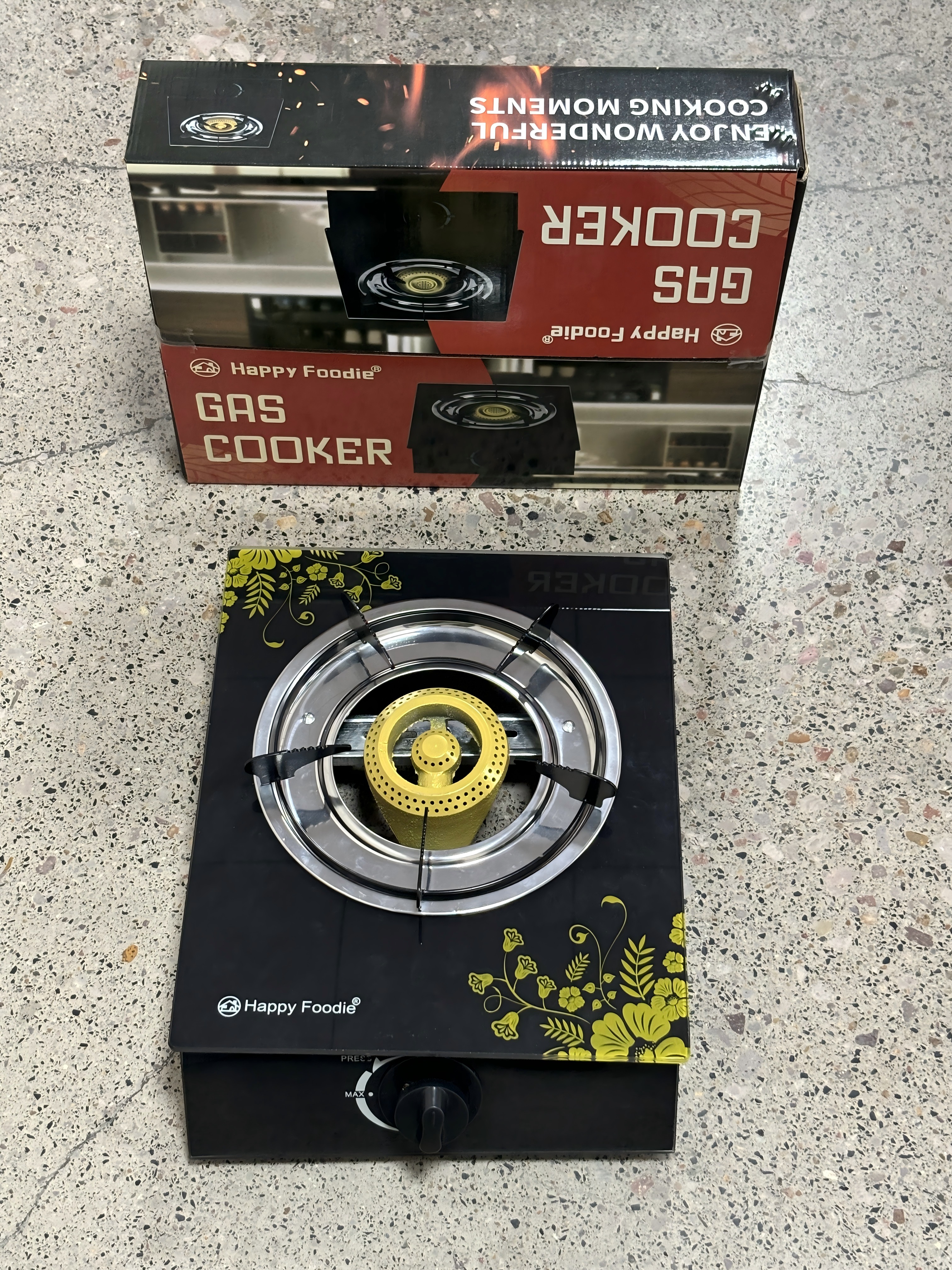 (especialmente para la exportación y no para la venta nacional) Happy Foodie HF-61D vidrio cerrado boutique patrón amarillo hogar monococina tipo fuente de gas fábrica cocina de gas