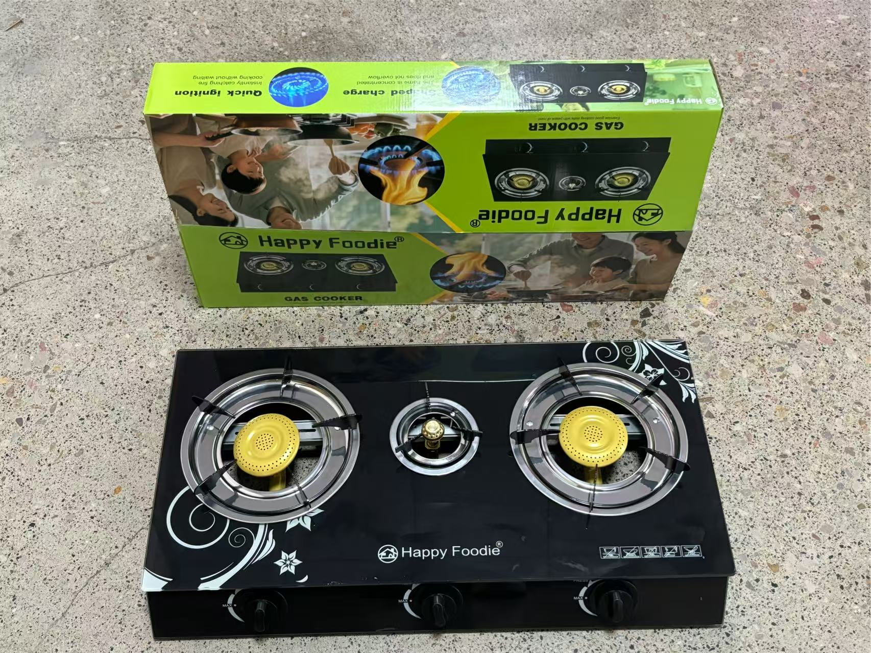(especialmente para la exportación y no para la venta nacional) Happy Foodie HF-63A vidrio 100MM pequeño triple cocina cocina de gas doméstico fábrica de fuente de gas