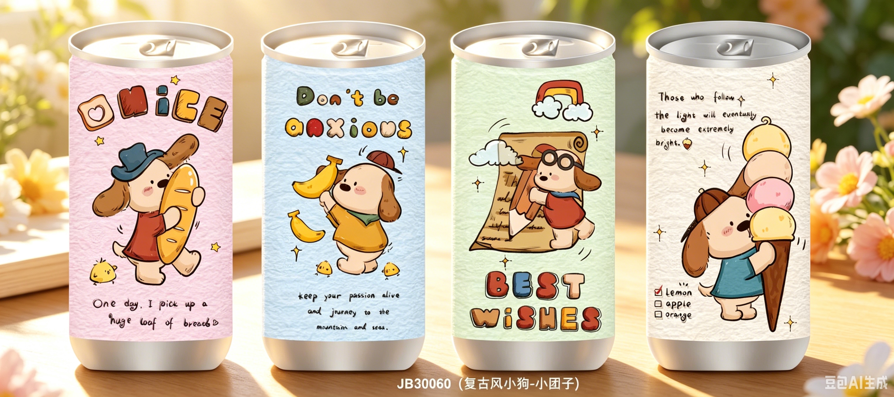Bread, banana, rainbow letter, ice cream, drooping ear, puppy, cola can, wet wipes