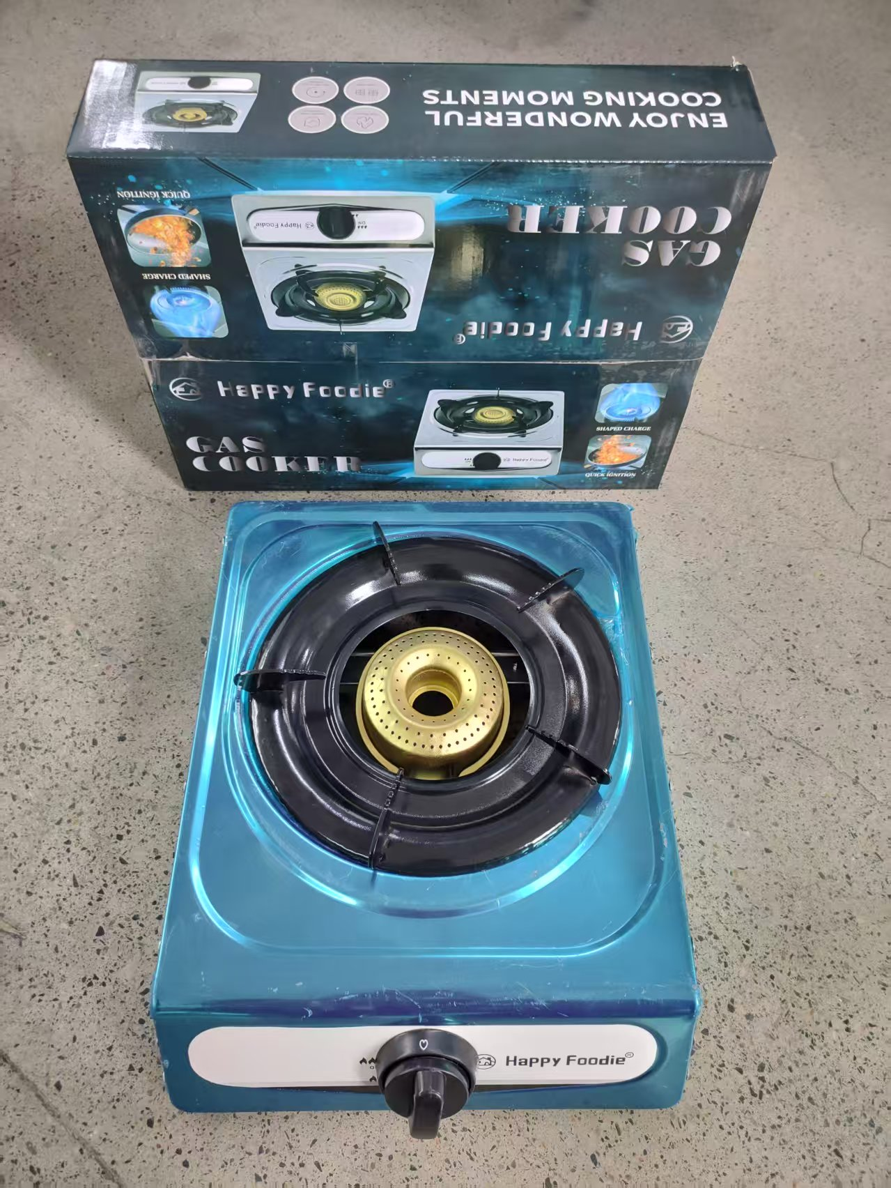 (especialmente para la exportación y no para la venta nacional) Happy Foodie HF-64E hierro de acero inoxidable tipo único cocina de gas fuente de fábrica cocina de gas