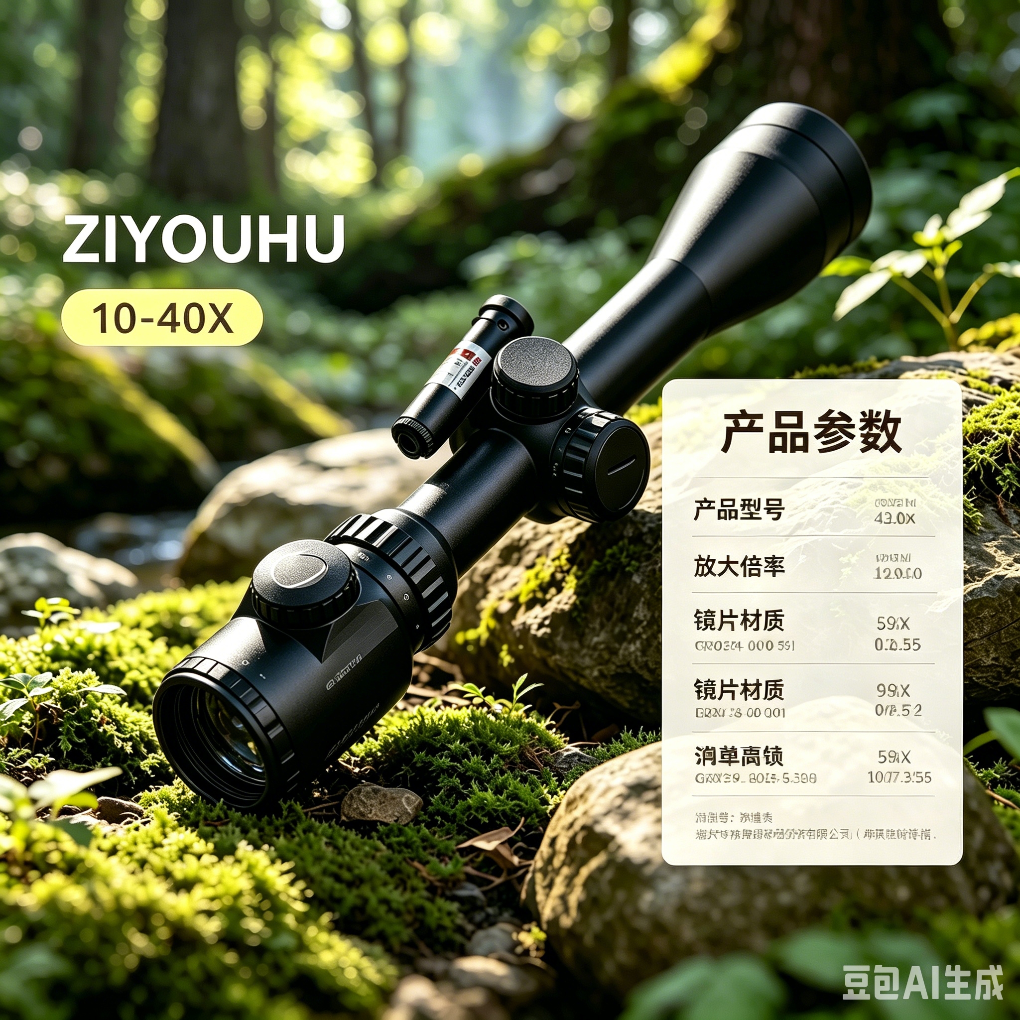 The 3-9X40EG black sight is a high-definition optical sight that is compatible with various firearms and has adjustable magnification Specification image