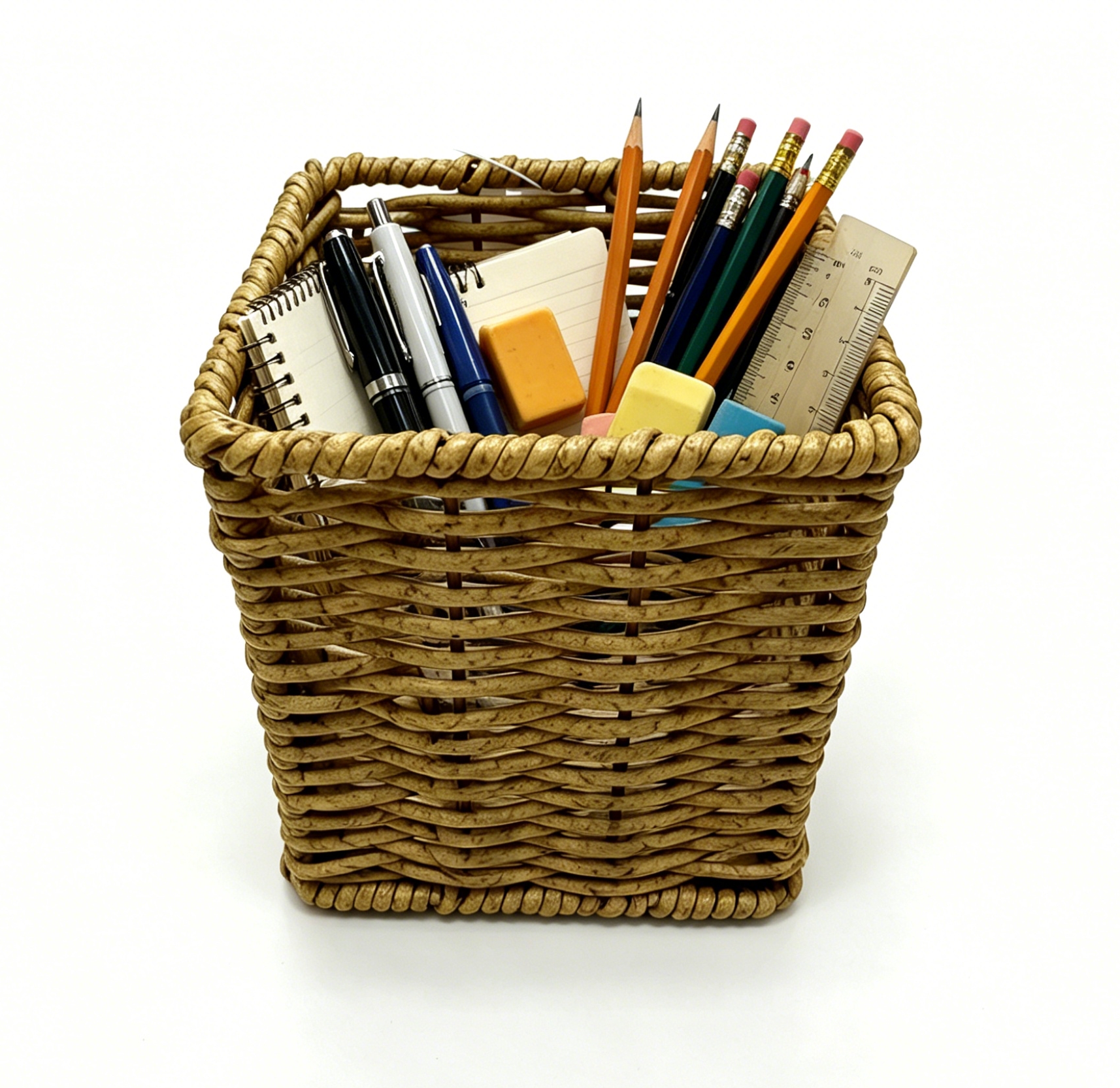 Yellow rubber vine woven pen holder, straight insertion design, pencil ruler, eraser, transparent solid wood stem, oil-based pen, durable pen holder, square stationery pen holder Yellow rubber vine woven pen holder, straight insertion design, pencil ruler, eraser, transparent solid wood stem, oil-based pen, durable pen holder, square stationery pen holder