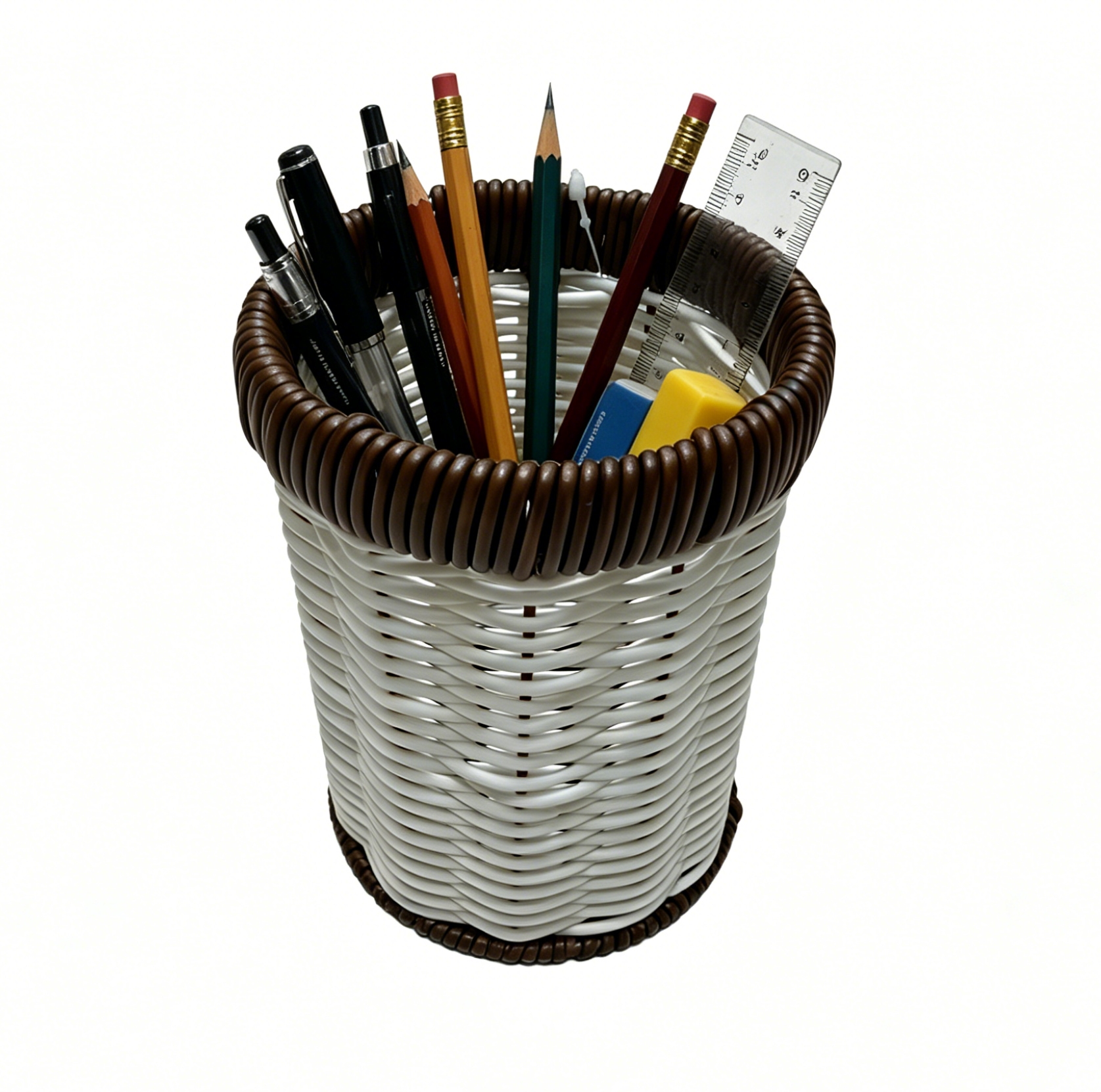 White rubber vine woven pen holder, straight insertion design, pencil ruler, eraser, transparent solid wood stem, oil-based pen, durable pen holder, round stationery pen holder, washbasin storage basket pic 1
