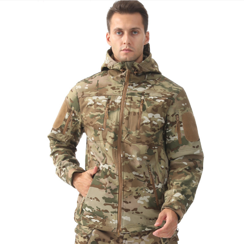 Polyester soft shell outdoor windproof jacket, camouflage suit, cycling and mountaineering warm coat, windproof down jacket, jacket