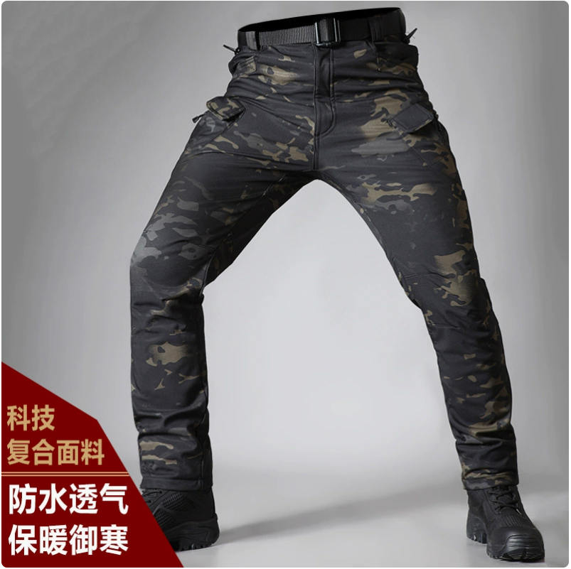 X7 Soft shell fleece windproof and wear-resistant tactical long pants, men's thickened warm and waterproof military enthusiast training pants, outdoor work pants