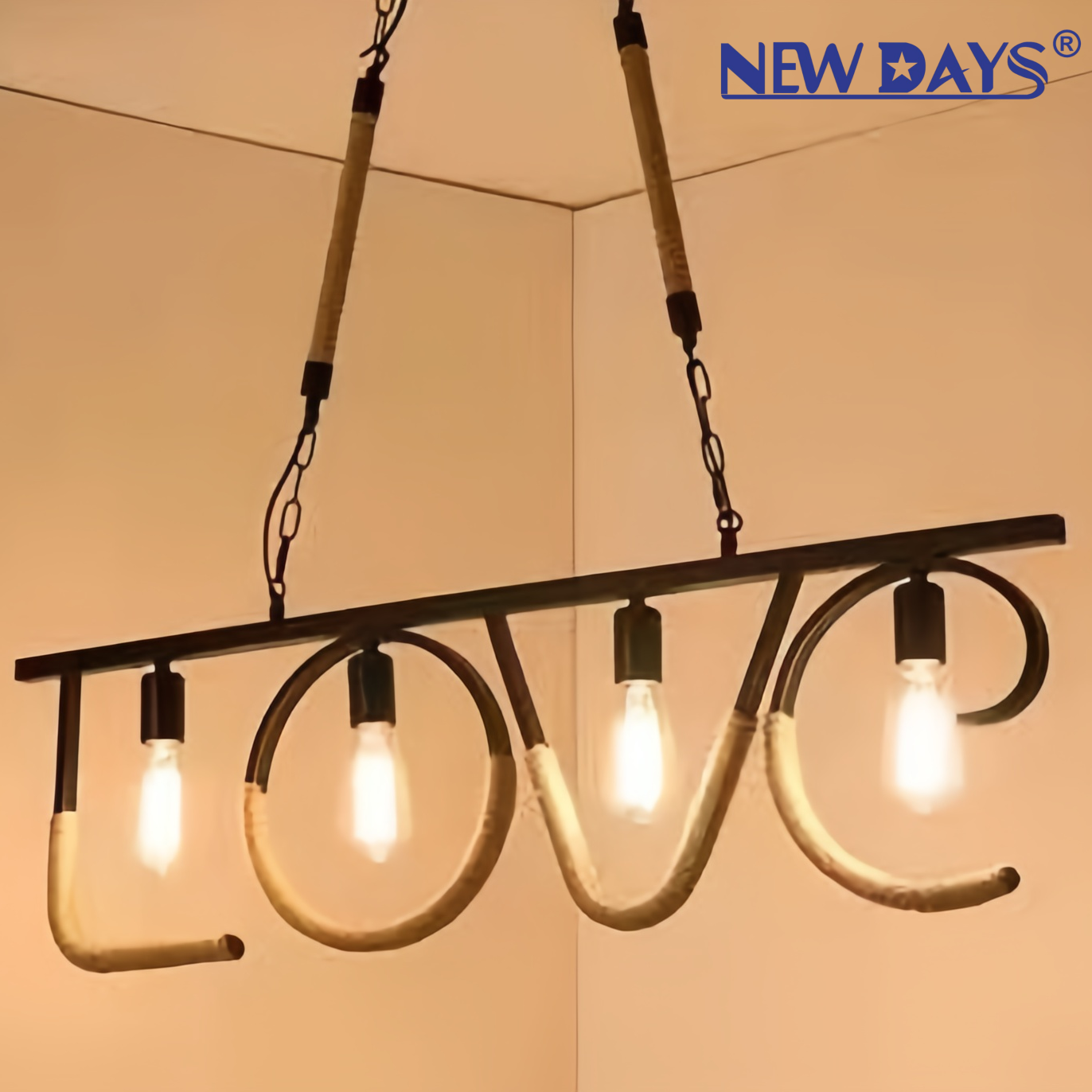 NEWDAYS brand cross-border new products: led retro industrial style rope pendant lamp, ironwork hood bar table lamp, Love-shaped decorative lighting atmosphere lamp, small pendant lamp, lighting art lamp, Nordic style Specification image