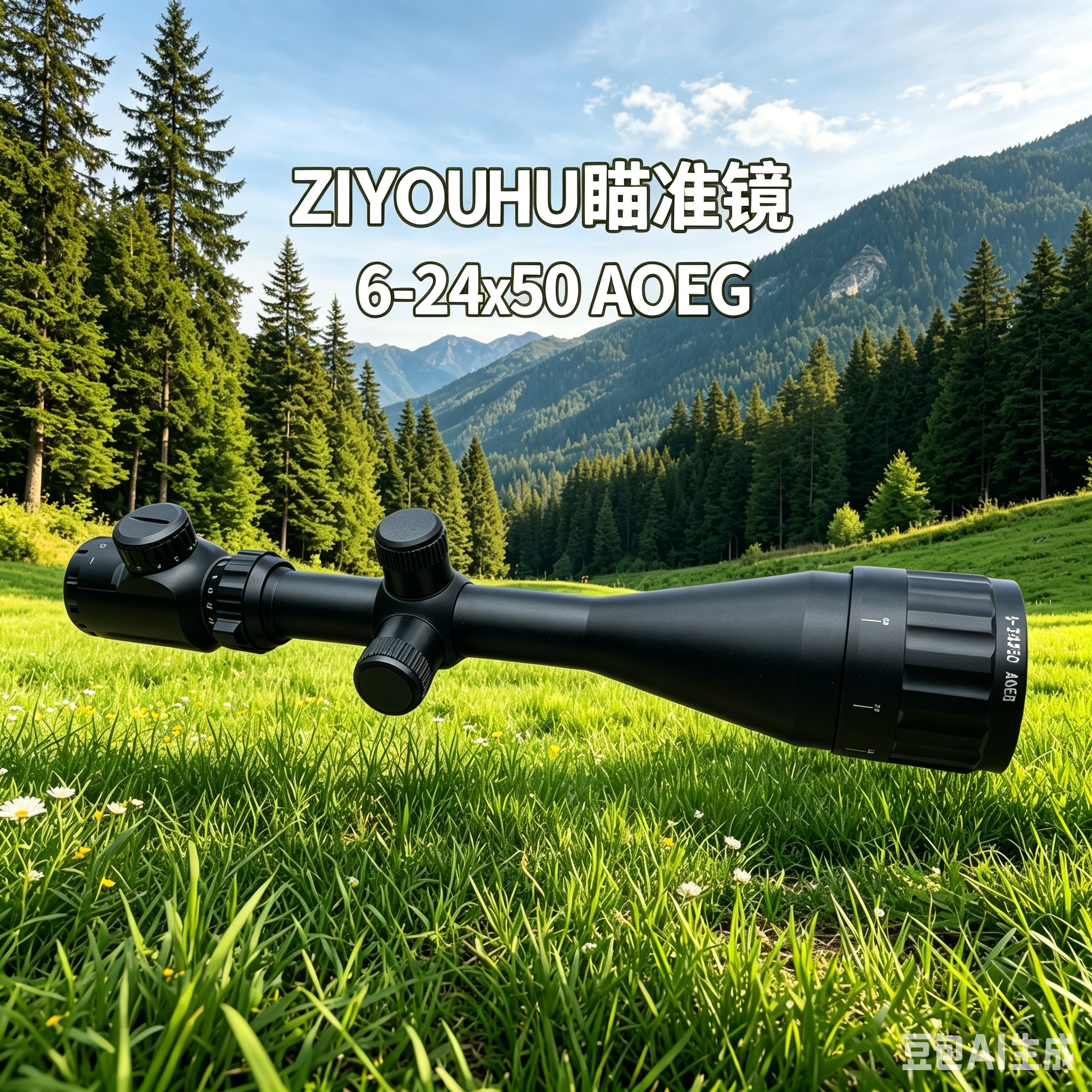 弓箭儿童户外弹弓 黑色瞄准镜绿草地山林风光
