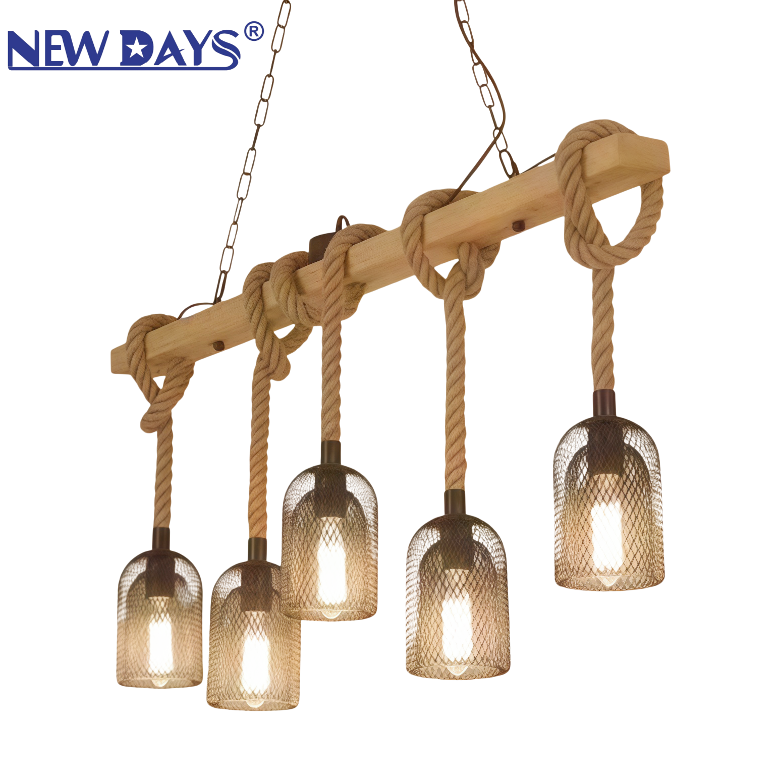 NEWDAYS brand cross-border new products: led retro rope pendant lamp, ironwork cover bar table lamp, wooden mesh cover 5-head decorative lighting atmosphere lamp, small pendant lamp, lighting art lamp, Nordic style