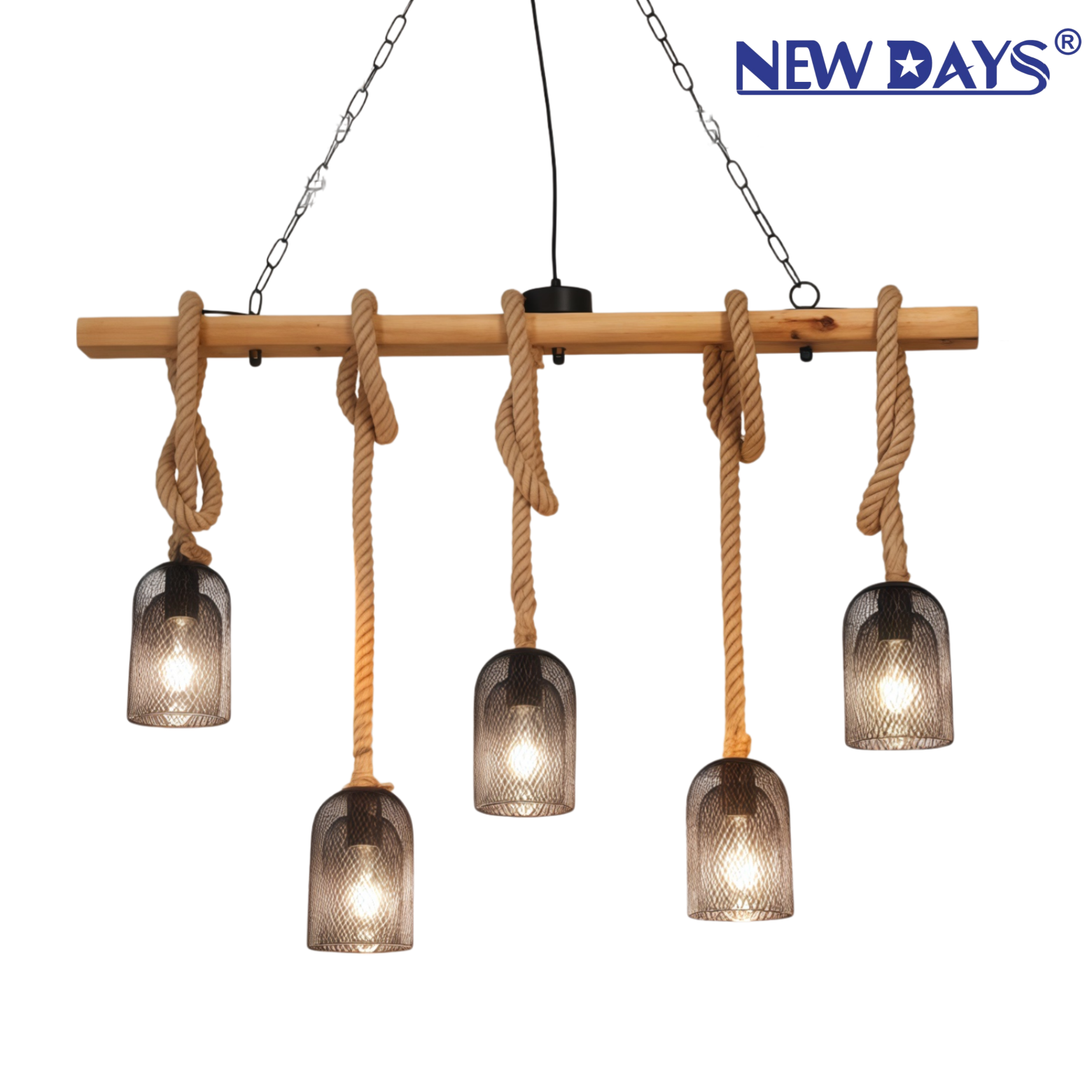 NEWDAYS brand cross-border new products: led retro rope pendant lamp, ironwork cover bar table lamp, wooden mesh cover 5-head decorative lighting atmosphere lamp, small pendant lamp, lighting art lamp, Nordic style Item Picture