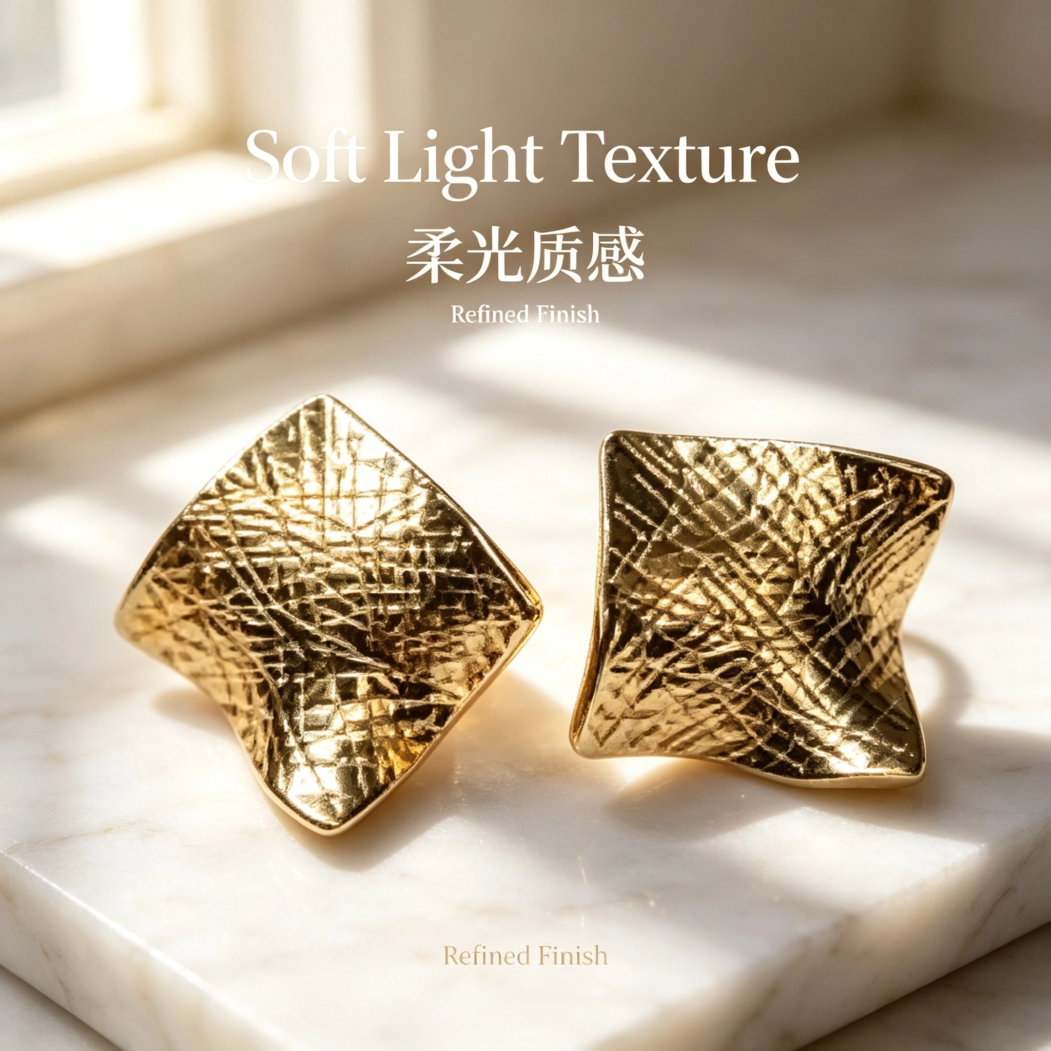 Spring Shi Original golden textured square 925 silver ear rings, women's ear studs and silver needle earrings details Picture