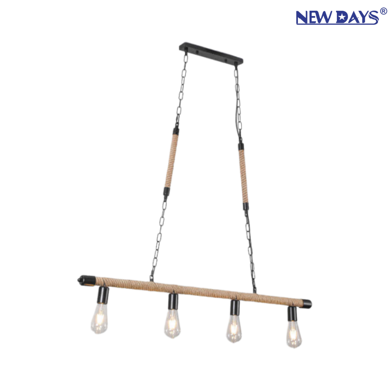 NEWDAYS brand cross-border new products: led retro industrial style rope pendant lamp, ironwork hood bar table lamp, straight tube 4-head decorative lighting, ambient lighting, small pendant lamp, lighting art lamp, Nordic style Item Picture