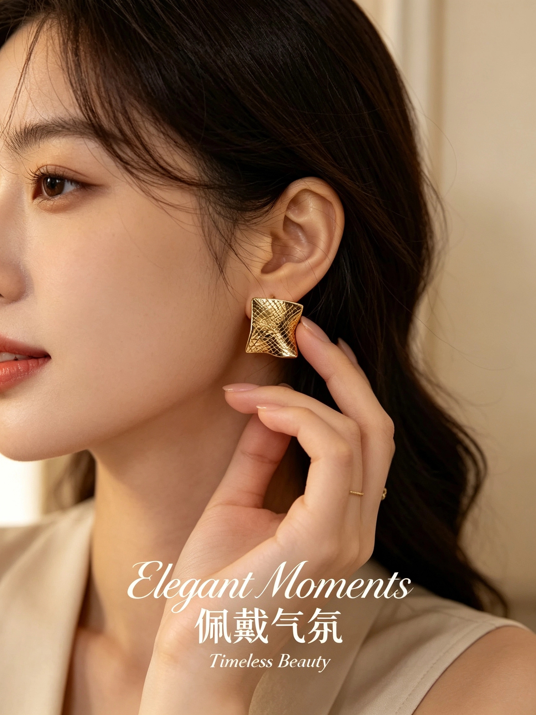 Spring Shi Original golden textured square 925 silver ear rings, women's ear studs and silver needle earrings Specification image