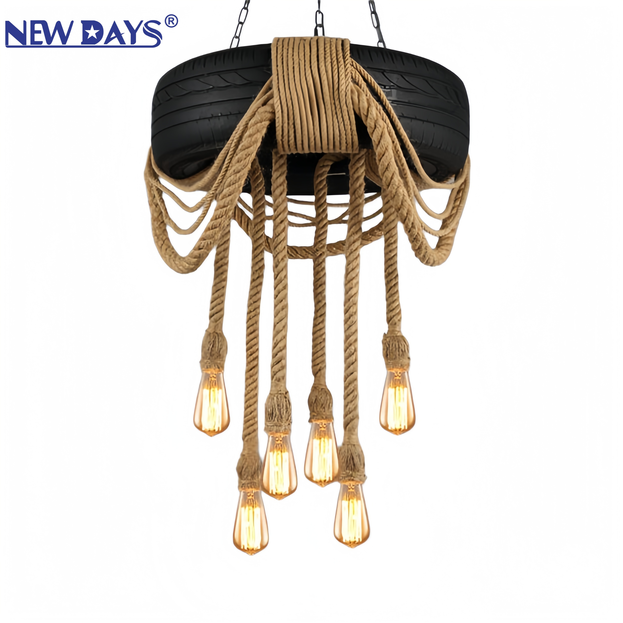 NEWDAYS品牌跨境新品led复古工业风麻绳吊灯，铁艺罩吧台灯，轮胎6头装饰照明氛围灯小吊灯灯具灯饰艺术灯北欧