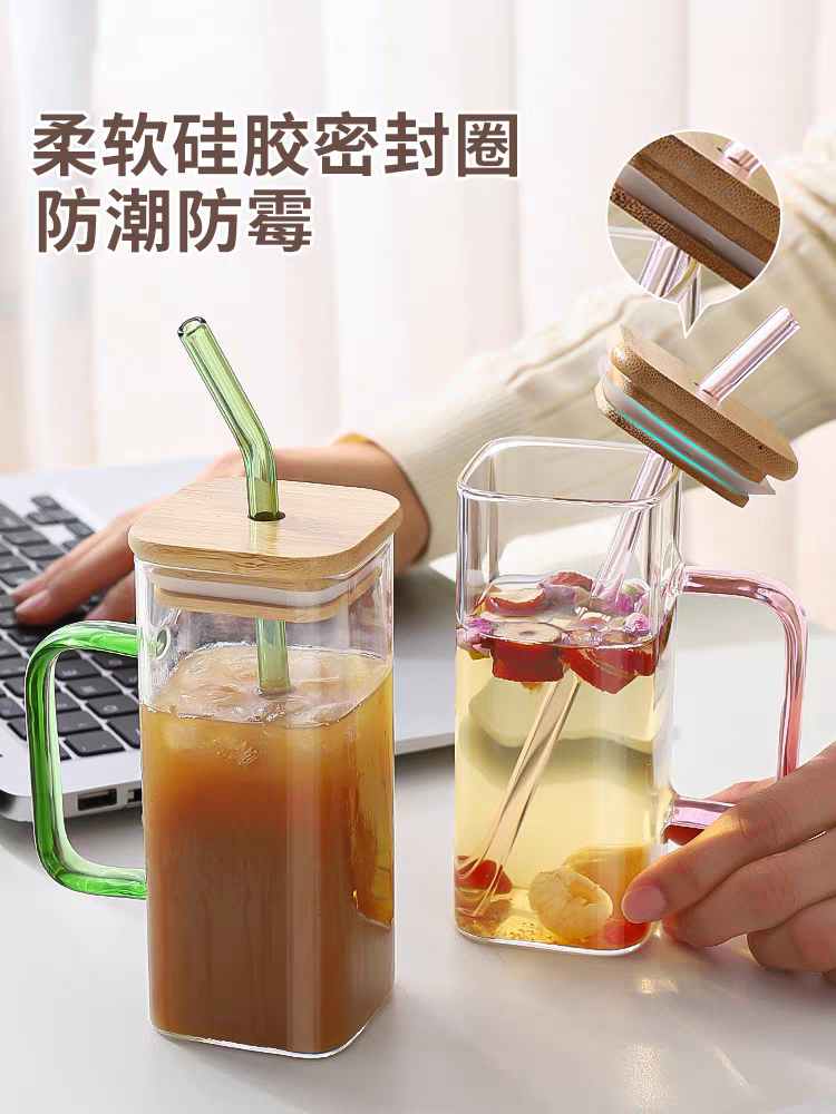 高硼硅方形玻璃杯带把手带盖家用耐高温高颜值2026新款吸管水杯女