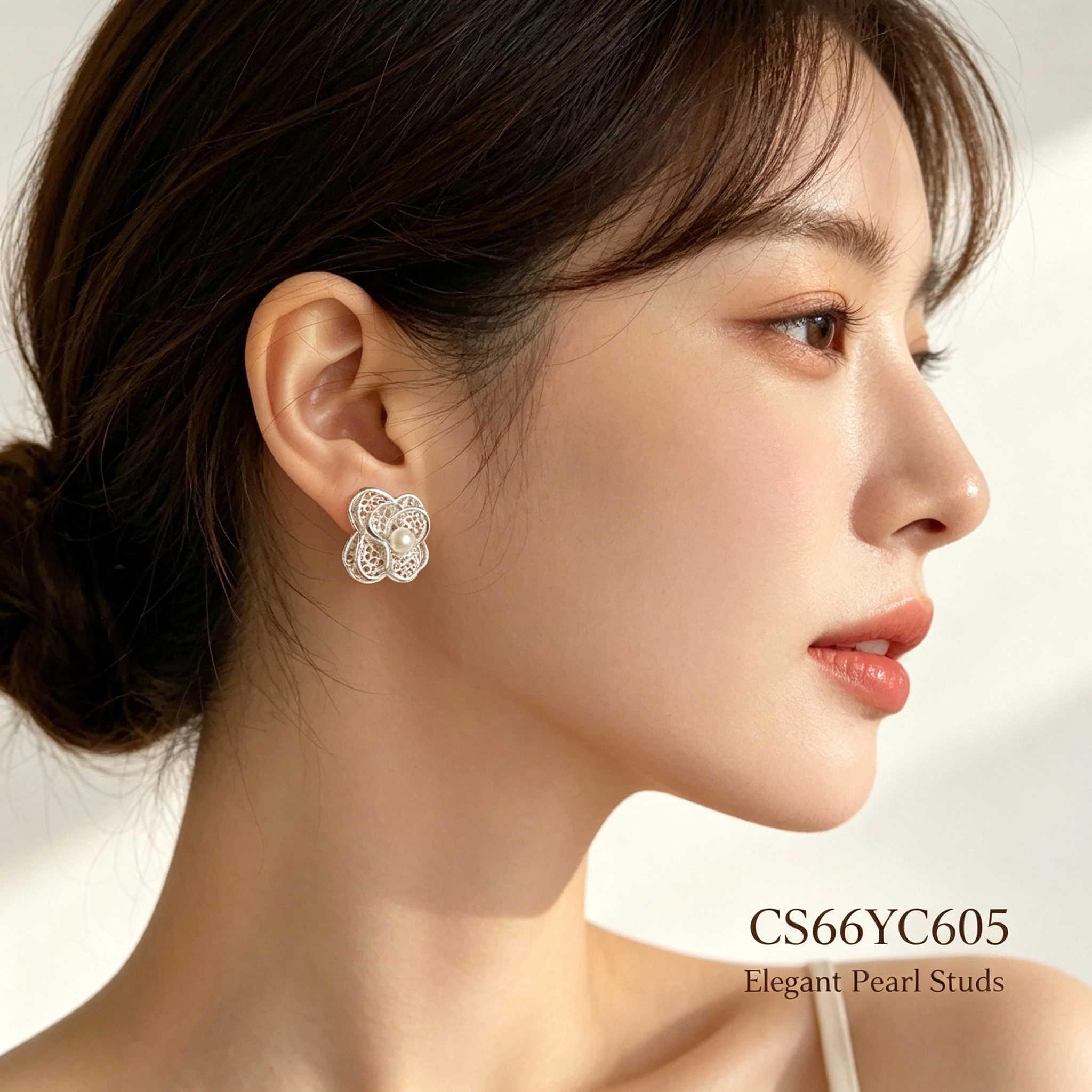 Spring Shi Original Silver Hollowed-out Flower Pearl Stud 925 Silver Earrings Set Specification image