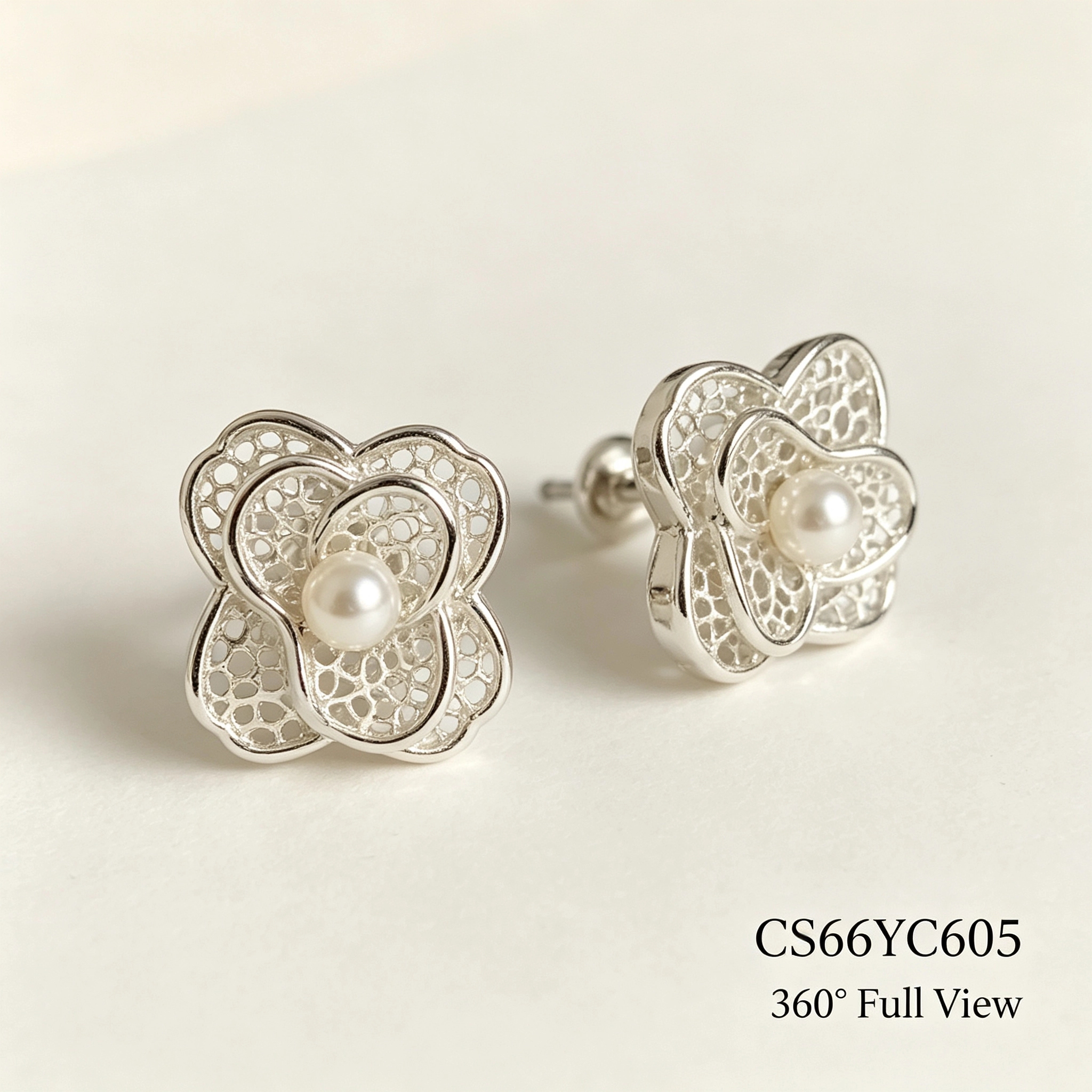 Spring Shi Original Silver Hollowed-out Flower Pearl Stud 925 Silver Earrings Set details Picture