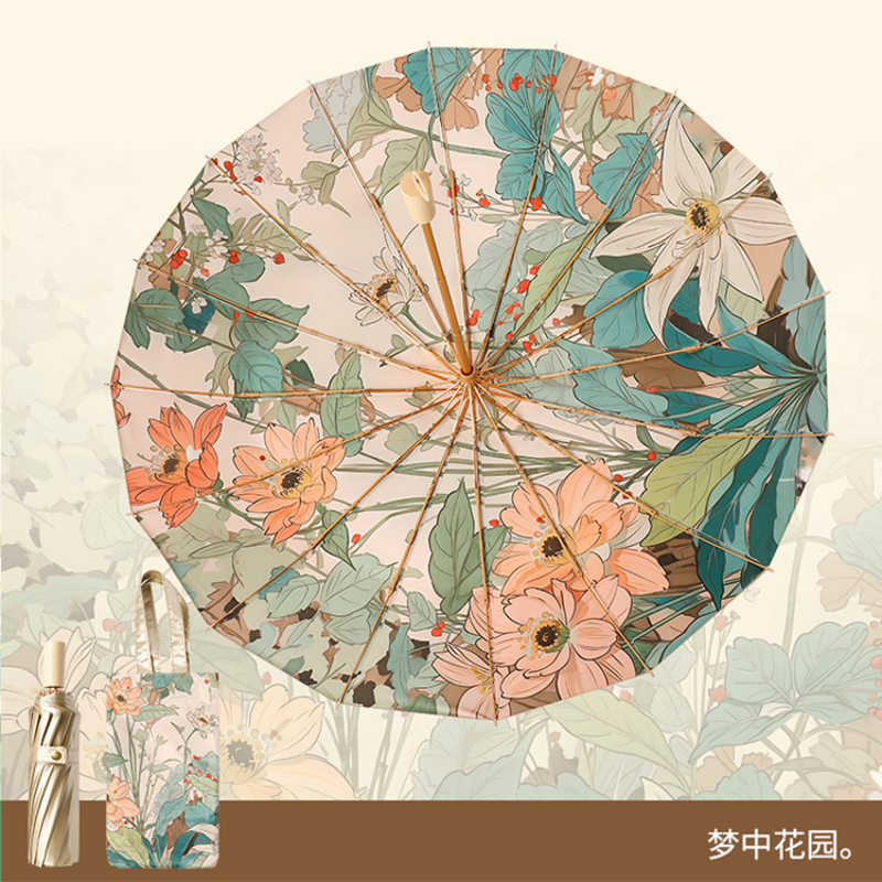 Hengdun 16-bone reinforced Chinese-style color rubber sun umbrella printed double-layer all-weather folding umbrella for women's commuting portable small gold umbrella UV protection high appearance level New Chinese-style sun umbrella Atmosphere photo prop details Picture