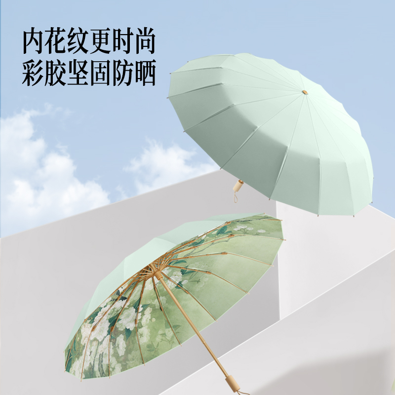 Hengdun 16-bone reinforced Chinese-style color rubber sun umbrella printed double-layer all-weather folding umbrella for women's commuting portable small gold umbrella UV protection high appearance level New Chinese-style sun umbrella Atmosphere photo prop Item Picture