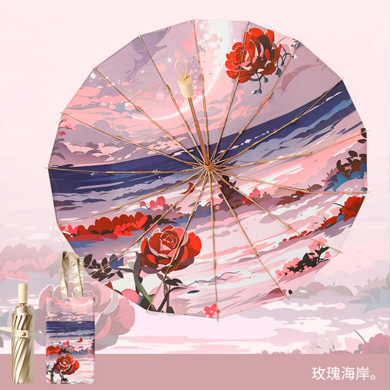Hengdun 16-bone reinforced Chinese-style color rubber sun umbrella printed double-layer all-weather folding umbrella for women's commuting portable small gold umbrella UV protection high appearance level New Chinese-style sun umbrella Atmosphere photo prop Specification image
