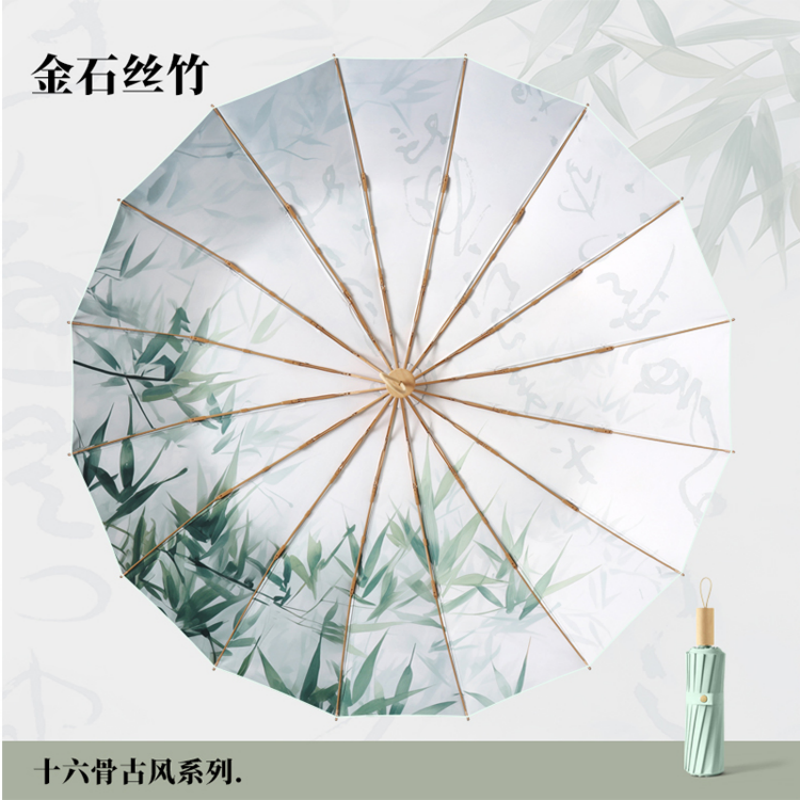 Hengdun New Chinese-style ancient style sixteen-bone titanium gold reinforced color glue inner printed umbrella, portable folding small gold umbrella, super UV protection, Chinese-style oil painting, two-person wind-resistant Hanfu, suitable for both men and women's commuting sun umbrella Item Picture
