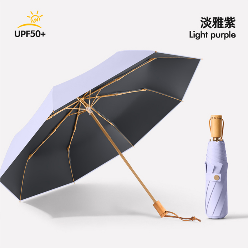 Hengdun 8-bone golden reinforced umbrella frame sun protection and shade Umbrella UPF50 + black rubber full shading and UV-blocking, wooden handle folding umbrella, portable and compact for women, commuting sun umbrella, wind-resistant and durable details Picture