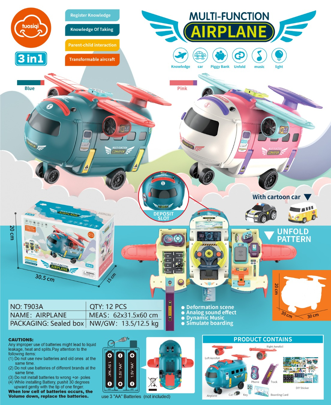 TL82015. Three-in-one transformable multi-functional aircraft toy, storage car piggy bank, early education sound and light passenger aircraft, children and parents interactive simulation driving, educational gift box toy