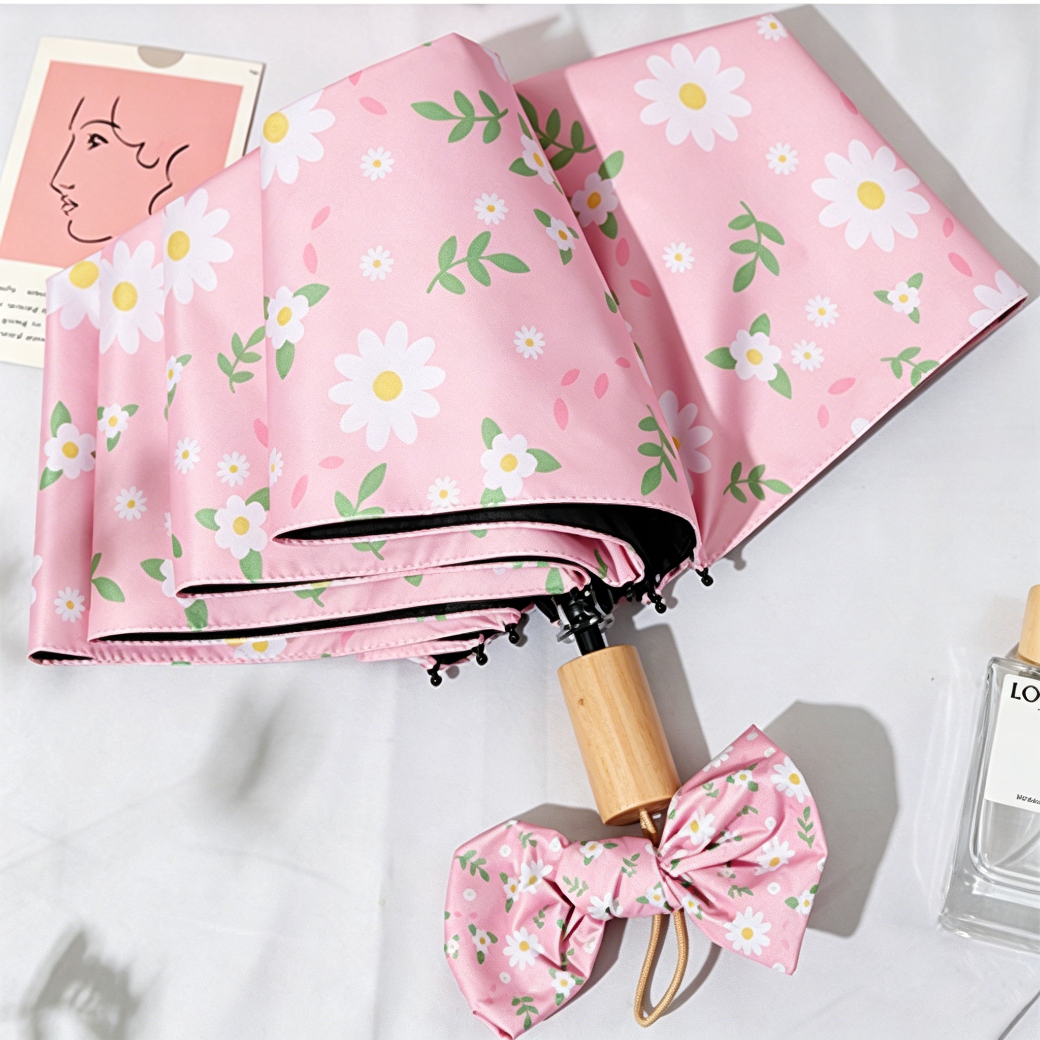 Hengdun Small Daisy Floral Folding Umbrella, women's black rubber sun protection and UV protection, suitable for both sunny and rainy days, wooden handle manual sunshade, comes with the same style bow umbrella cover, small and portable student commuting weatherproof sun umbrella Specification image