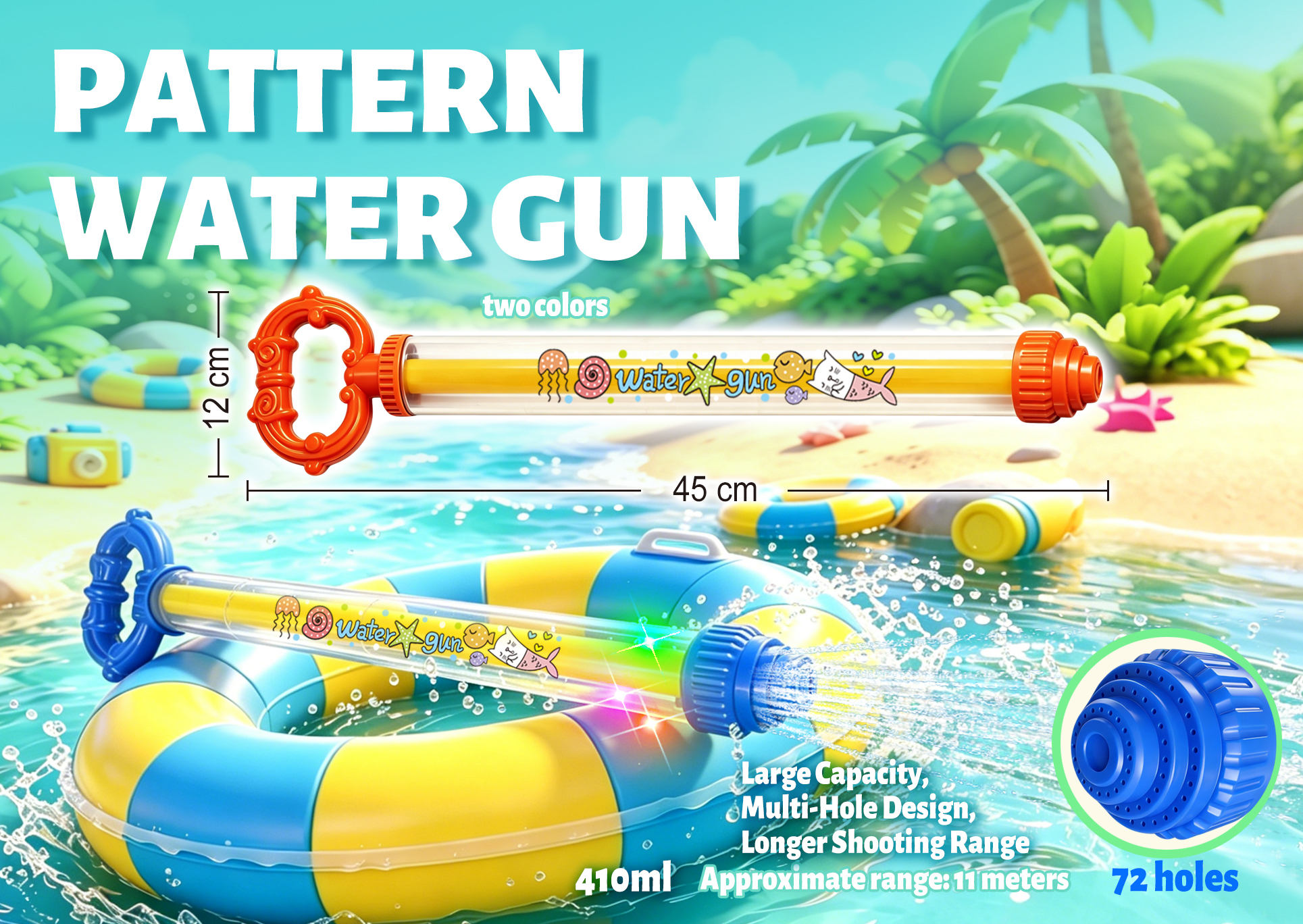 TL83314 New model 410ml large-capacity 72-hole scattering firework water gun long-distance pull-out water cannon, summer beach swimming pool children's water play toy Item Picture