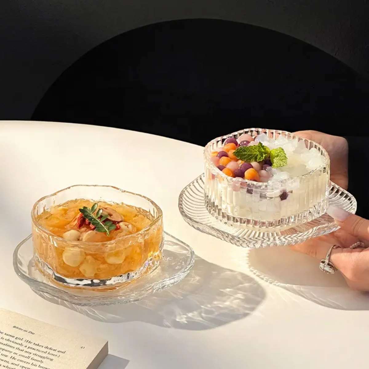 Mini wavy texture cloud borosilicate glass bowl set, mini and cute glass dessert plates and bowls