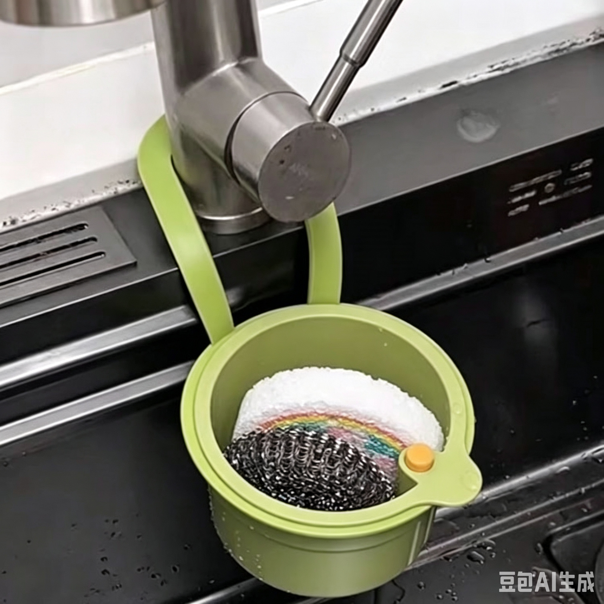 Muji colorful plastic-edge stainless steel draining basket, green hanging sink draining basket, colorful plastic-steel multi-purpose basin, silicone dish rack Specification image