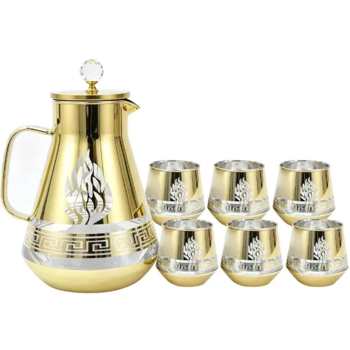 Ramadan tea cup set, Arab-style glass tea cup and pot set, custom glass water bottle set for festival home and restaurant, gold