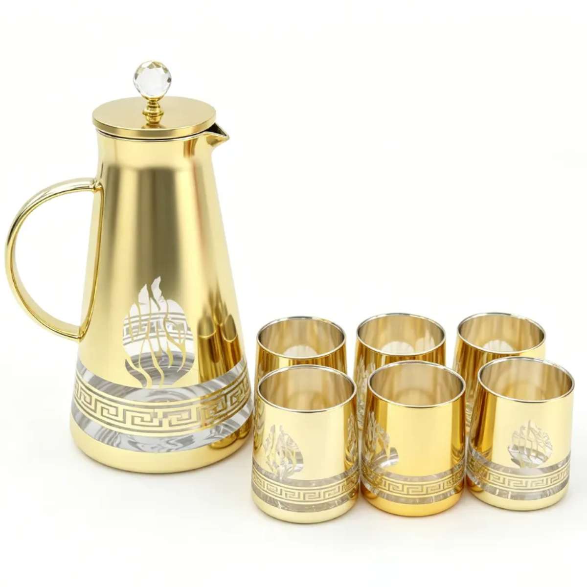 Ramadan tea cup set, Arab-style glass tea cup and pot set, custom glass water bottle set for festival home and restaurant, gold-plated