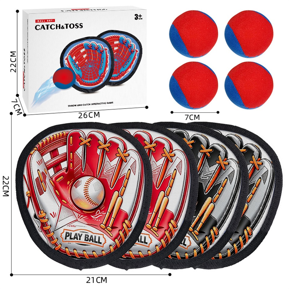 TL78589 Children's Baseball Pattern Sticky Target Gloves Throw and Catch Ball Set: 4 sticky balls, Double-sided suction cups, sticky plates, parent-child outdoor throwing interactive exercise toys for hand-eye coordination details Picture