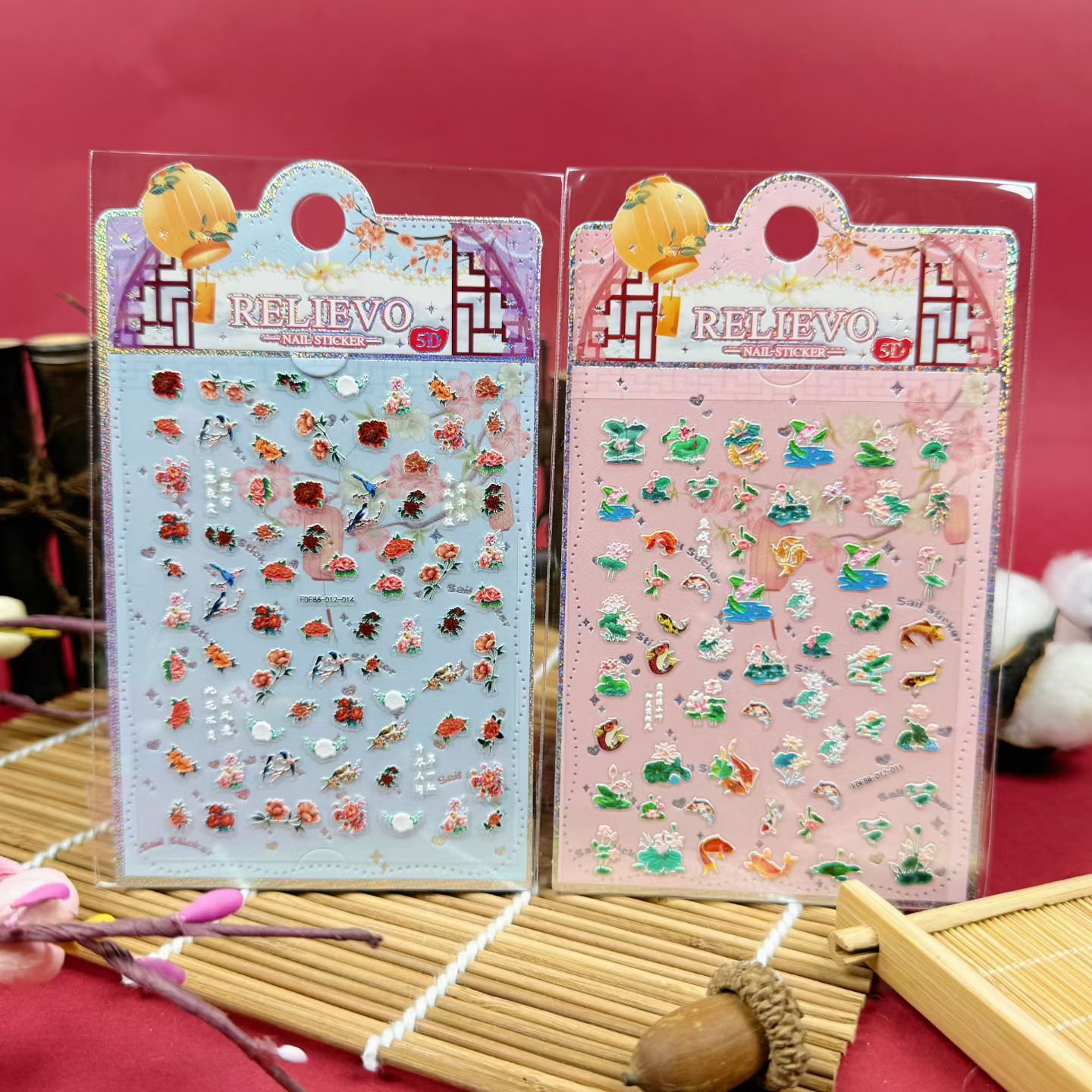 5D embossed nail stickers, ancient-style nail stickers with flowers, birds, cranes, nine-tailed foxes and fish, ancient-style embossed creative nail stickers details Picture