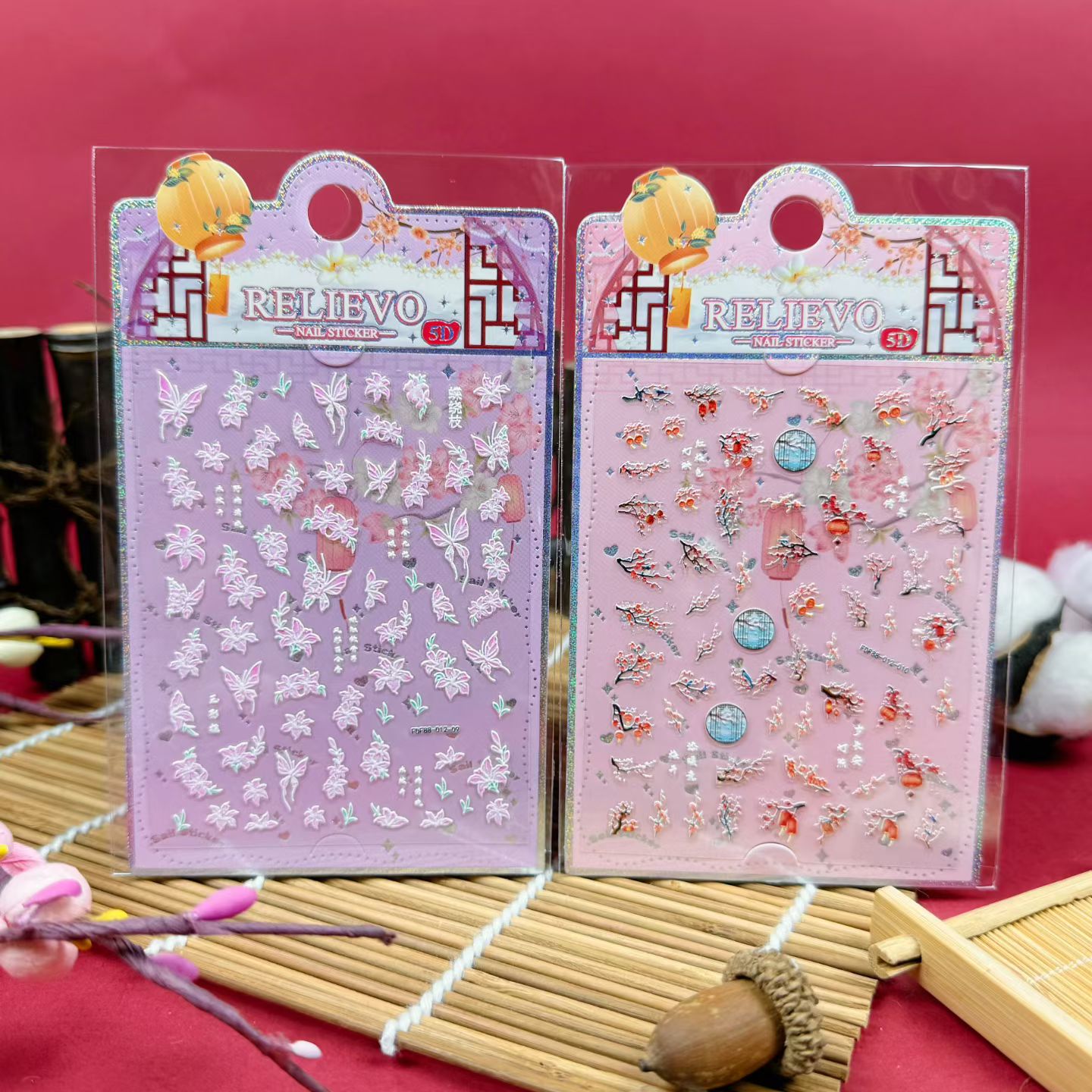 5D embossed nail stickers, ancient-style nail stickers with flowers, birds, cranes, nine-tailed foxes and fish, ancient-style embossed creative nail stickers Specification image