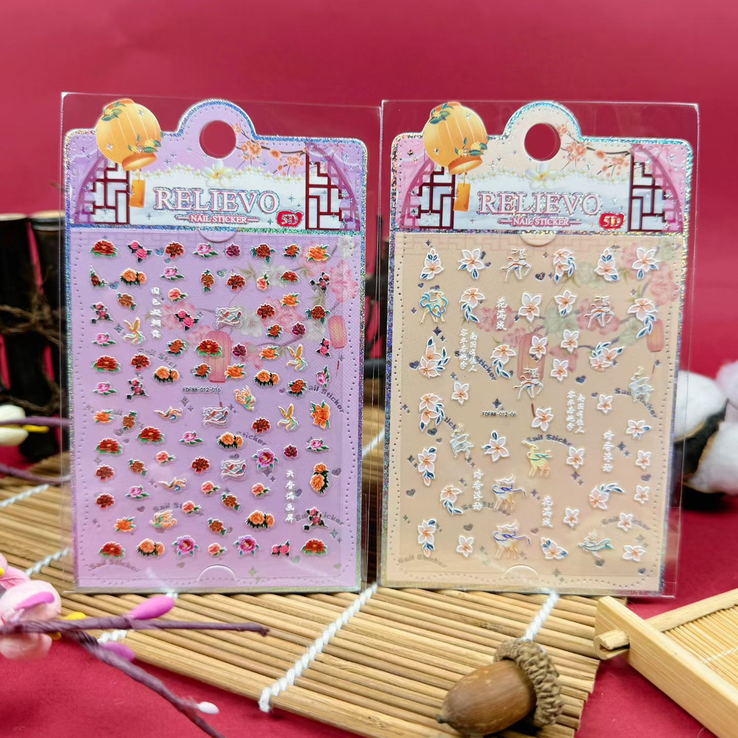 5D embossed nail stickers, ancient-style nail stickers with flowers, birds, cranes, nine-tailed foxes and fish, ancient-style embossed creative nail stickers Application Scenario