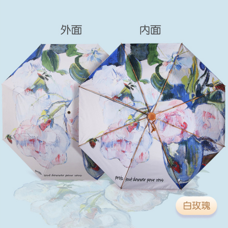 Hengdun Factory has double-layer, double-sided oil painting flower three-fold sunshade umbrellas in stock, with solid wood handles, golden umbrella ribs, color glue sunshade umbrellas, pink peony and white rose double-color UV protection umbrellas. Ladies can customize logos details Picture