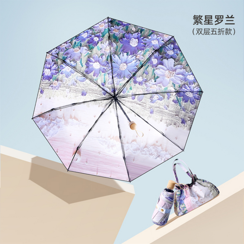 Escudo constante pintura al óleo viento doble doble 50% plegable paraguas de sol doble vinilo UPF50 + protección uv paraguas de bolsillo portátil para mujeres viaje de ida y venida sombreado protección solar sol y lluvia paraguas de doble uso con el mismo color de diseño de almacenamiento bolsa pequeña Application Scenario