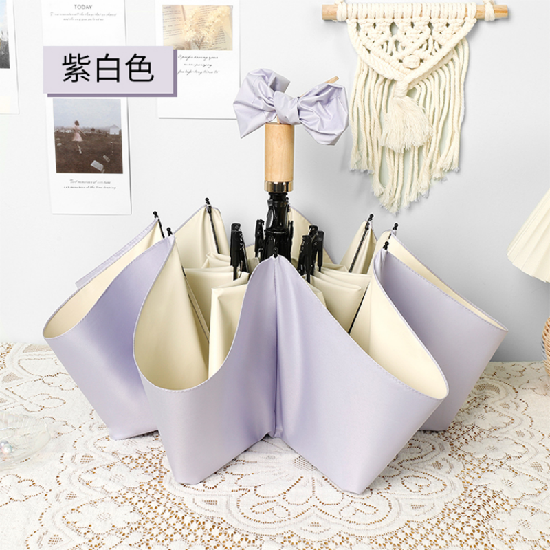 Hengdun double-layer color glue three-fold sunshade umbrella, women's wooden handle, all-weather and all-weather, macaron solid color splicing sun umbrella, UPF50 + UV protection, portable and compact, commuting gentle atmosphere sun umbrella details Picture