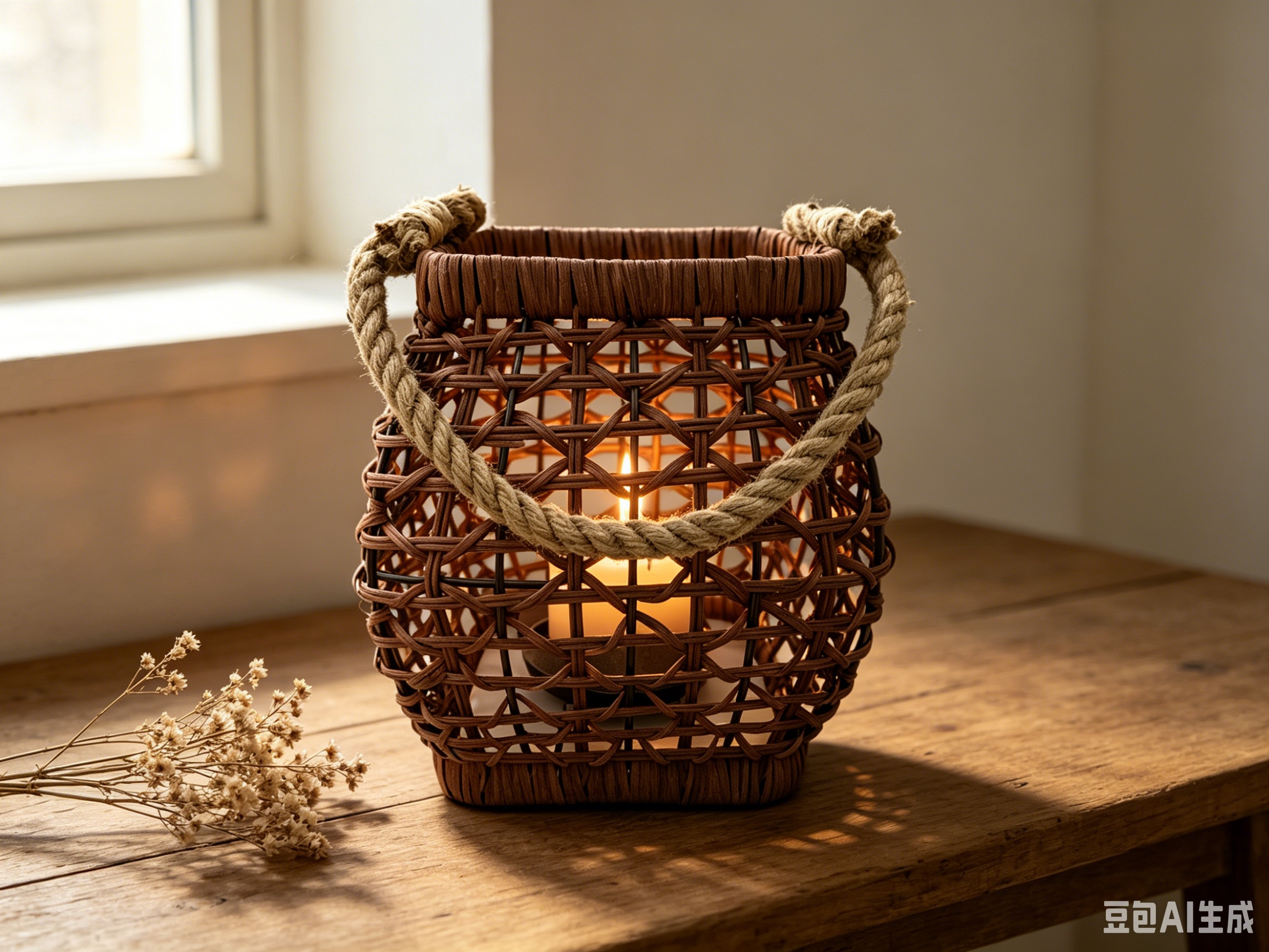 Dark brown natural white rattan woven hollowed-out candle wind lamp, outdoor camping lighting lampshade, indoor bedside table decorative night light, homestay style arrangement decorative small table lampshade, country style outdoor portable lampshade Application Scenario