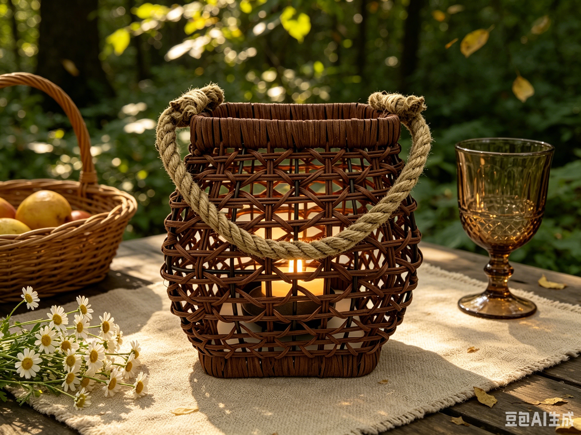 Dark brown natural white rattan woven hollowed-out candle wind lamp, outdoor camping lighting lampshade, indoor bedside table decorative night light, homestay style arrangement decorative small table lampshade, country style outdoor portable lampshade Specification image