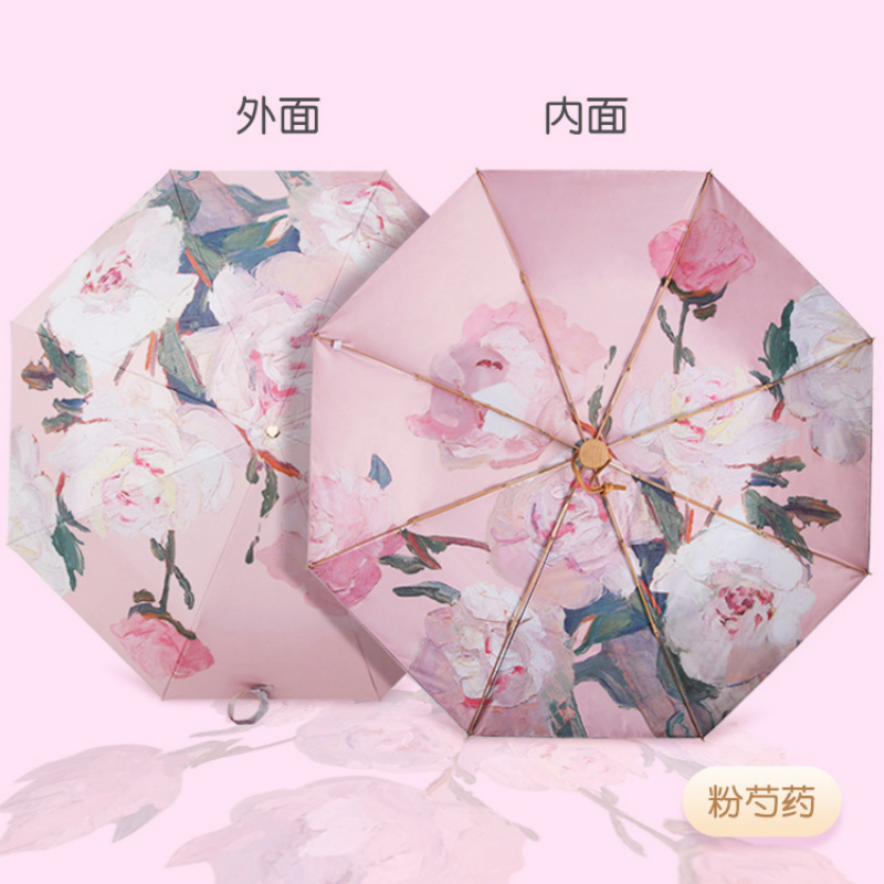 Hengdun Factory has double-layer, double-sided oil painting flower three-fold sunshade umbrellas in stock, with solid wood handles, golden umbrella ribs, color glue sunshade umbrellas, pink peony and white rose double-color UV protection umbrellas. Ladies can customize logos Specification image
