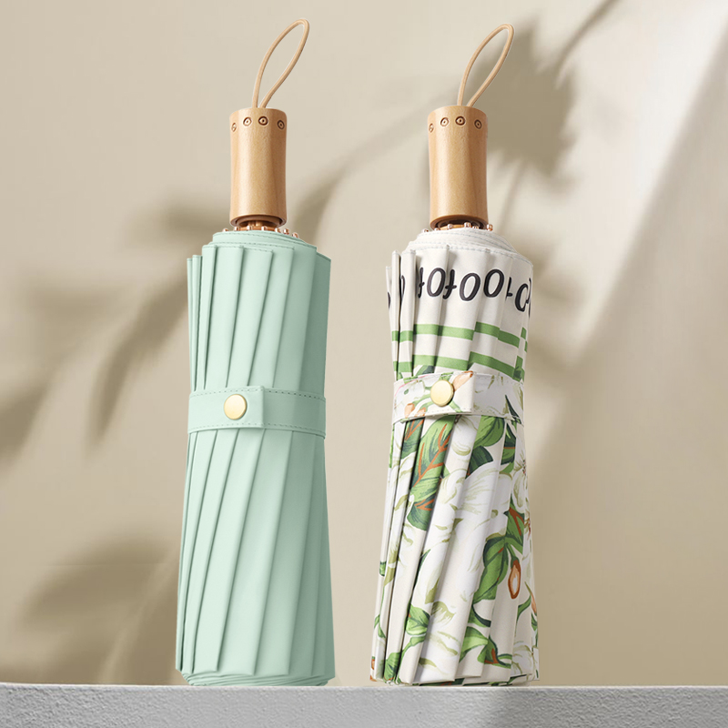 Hengdun thickened 16-bone aluminum alloy umbrella frame three-fold umbrella, wooden handle, inner and outer printed color glue sun protection and sunshade umbrella, fresh lily flower heat insulation and shading, commuting portable UV protection women's umbrella, customizable